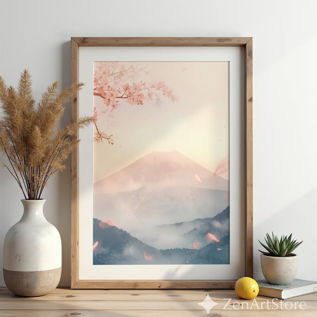 Sakura Mist Pastel Japanese Mountain Wall Art - Cherry Blossom Zen Print for Living Room, Japandi Minimal Home Decor