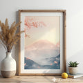 Sakura Mist Pastel Japanese Mountain Wall Art - Cherry Blossom Zen Print for Living Room, Japandi Minimal Home Decor