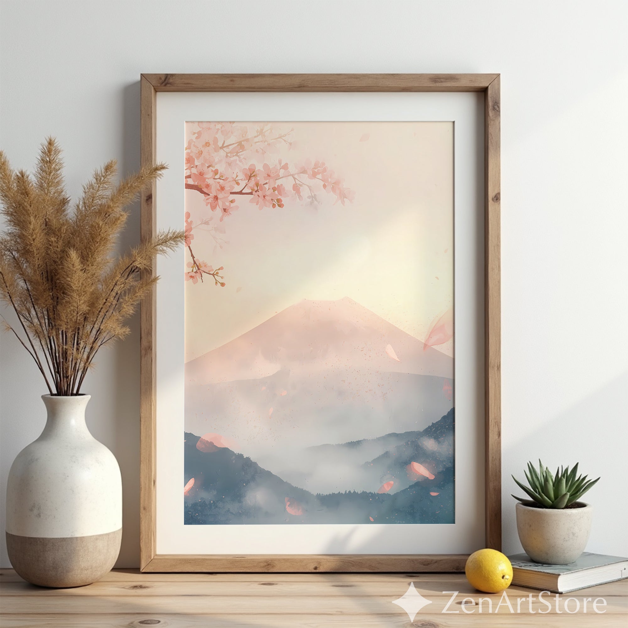 Sakura Mist Pastel Japanese Mountain Wall Art - Cherry Blossom Zen Print for Living Room, Japandi Minimal Home Decor