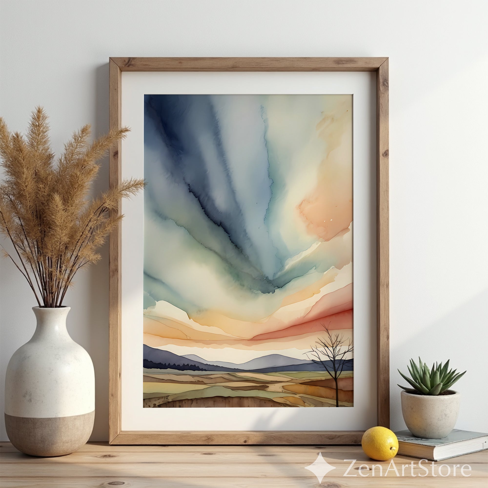 Abstract Zen Landscape Watercolor Print - Minimal Japandi Wall Art, Neutral Sky & Hills for Living Room