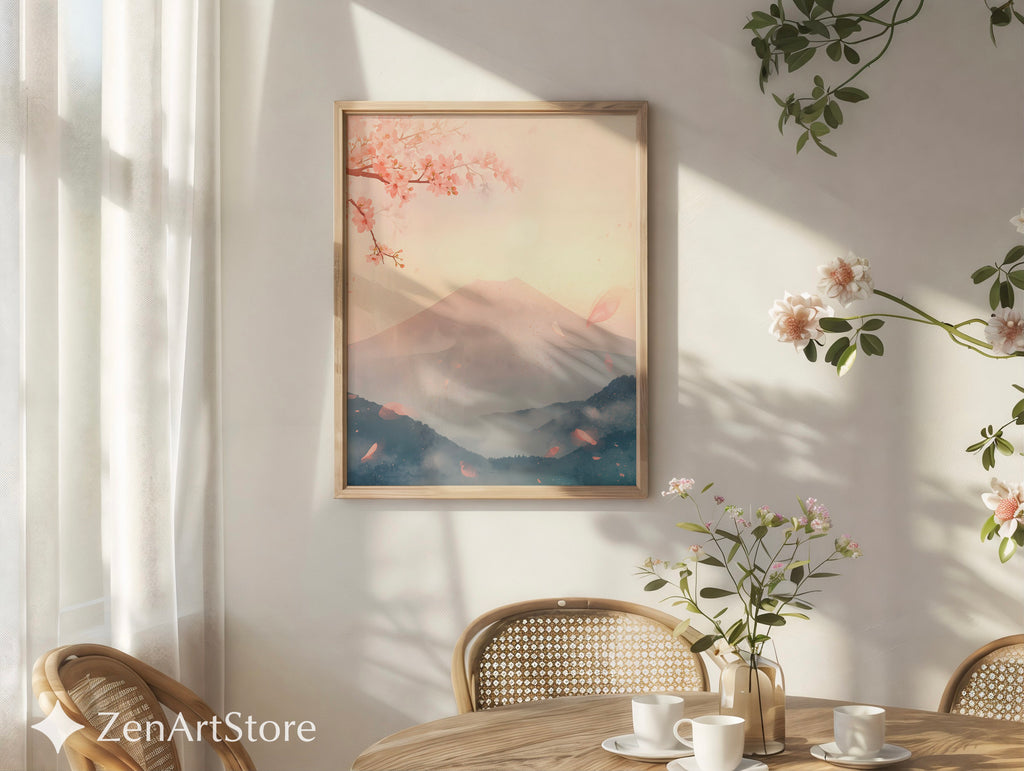 Sakura Mist Pastel Japanese Mountain Wall Art - Cherry Blossom Zen Print for Living Room, Japandi Minimal Home Decor