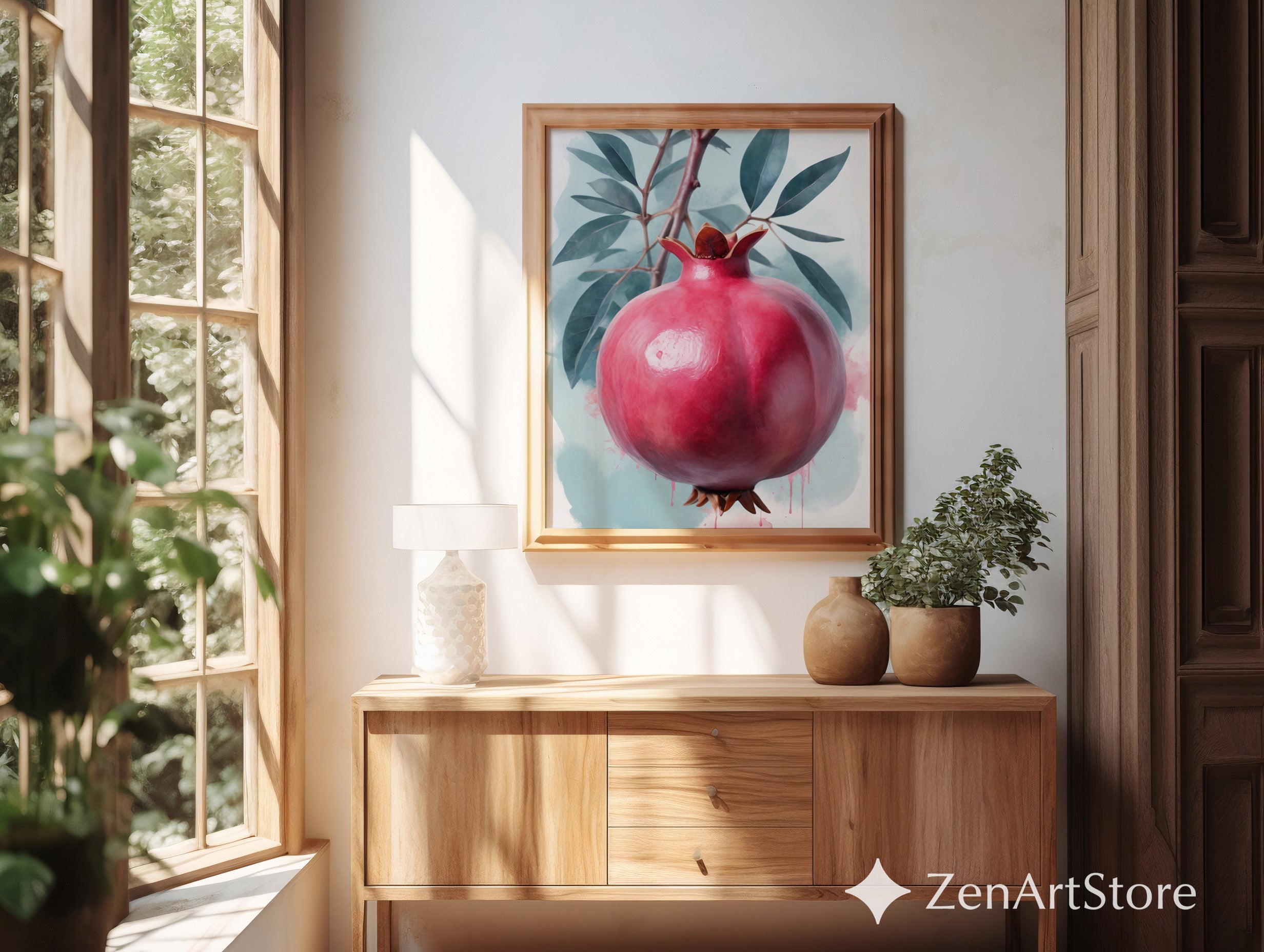 Pomegranate Wall Art Print - Botanical Fruit Still Life, Modern Minimalist Kitchen & Dining Decor, Japandi Wabi Sabi Scandi Style