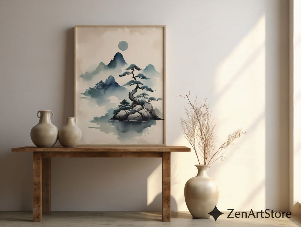 Zen Ink Landscape Print - Misty Mountain Bonsai Art, Minimal Japandi Wall Decor for Neutral Modern Homes