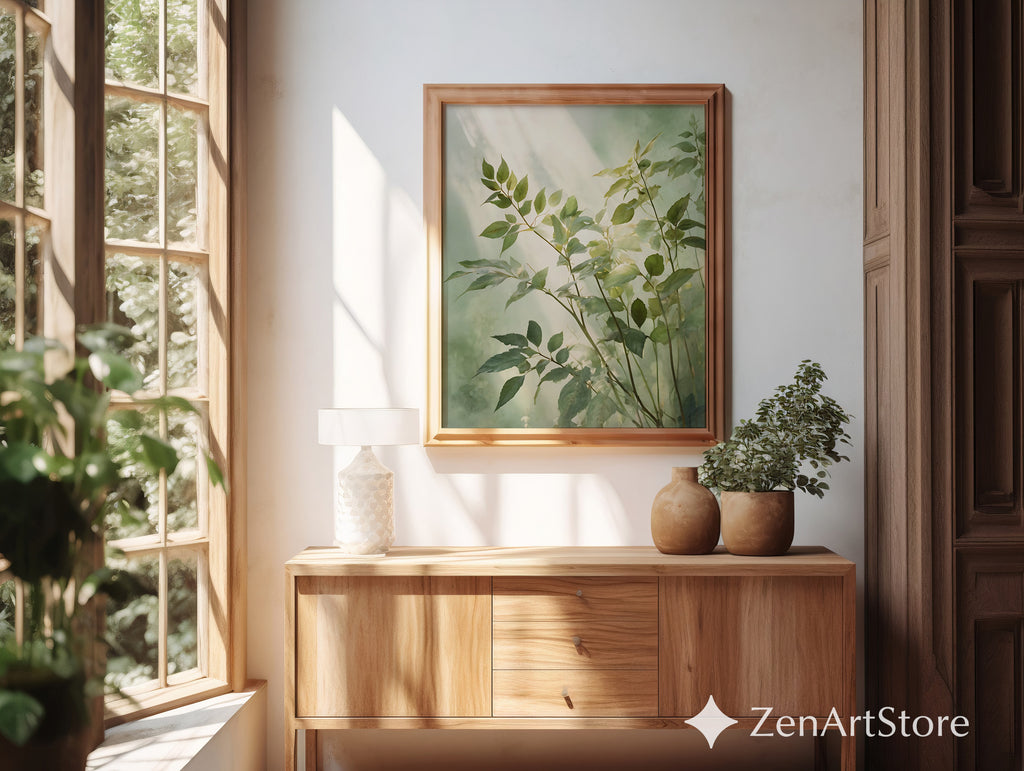 Serene Green Botanical Art Print - Minimal Leaf Wall Art, Japandi Wabi Sabi Neutral Home Decor