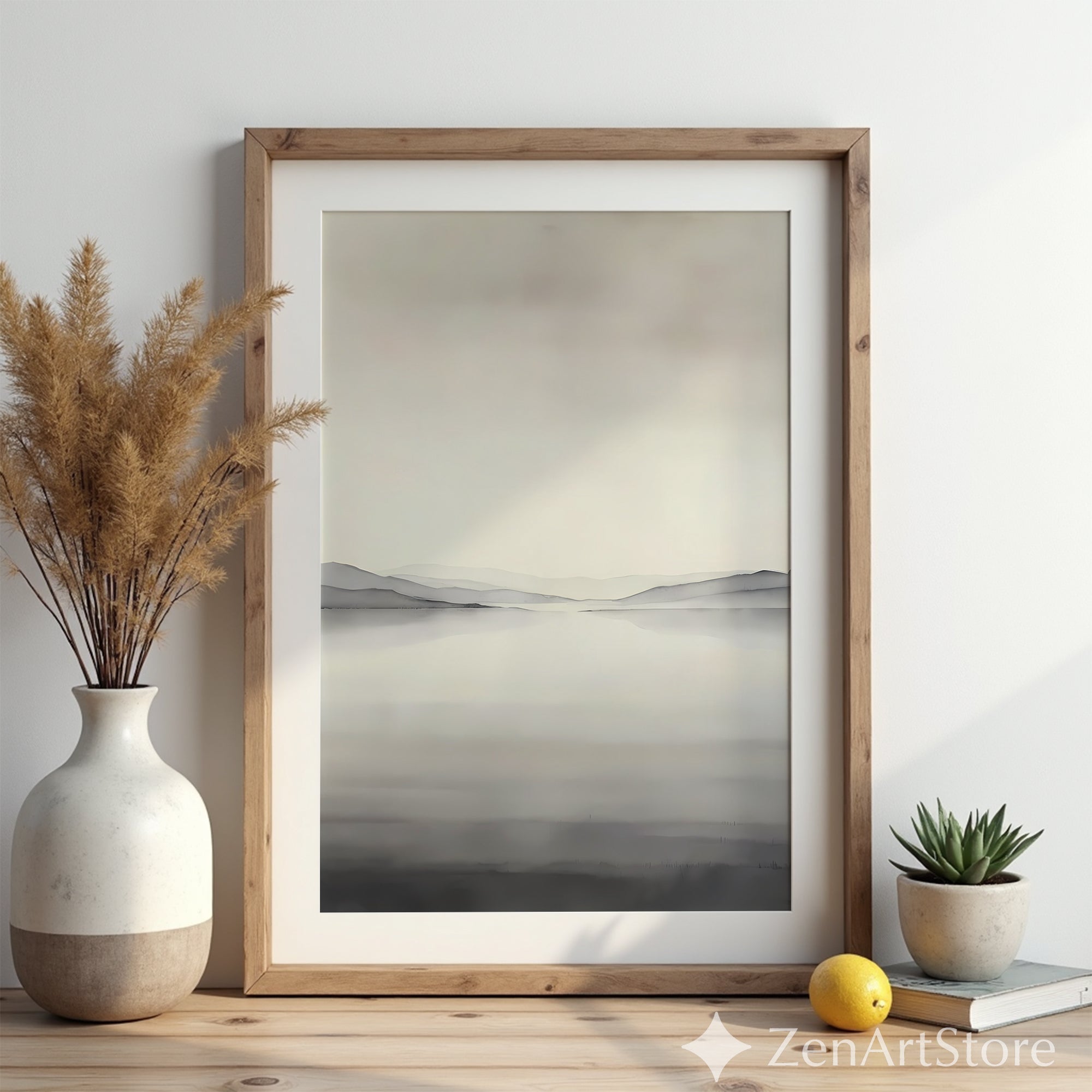 Minimal Neutral Landscape Wall Art - Misty Lake with Layered Hills - Japandi Scandinavian Zen Print for Living Room Bedroom