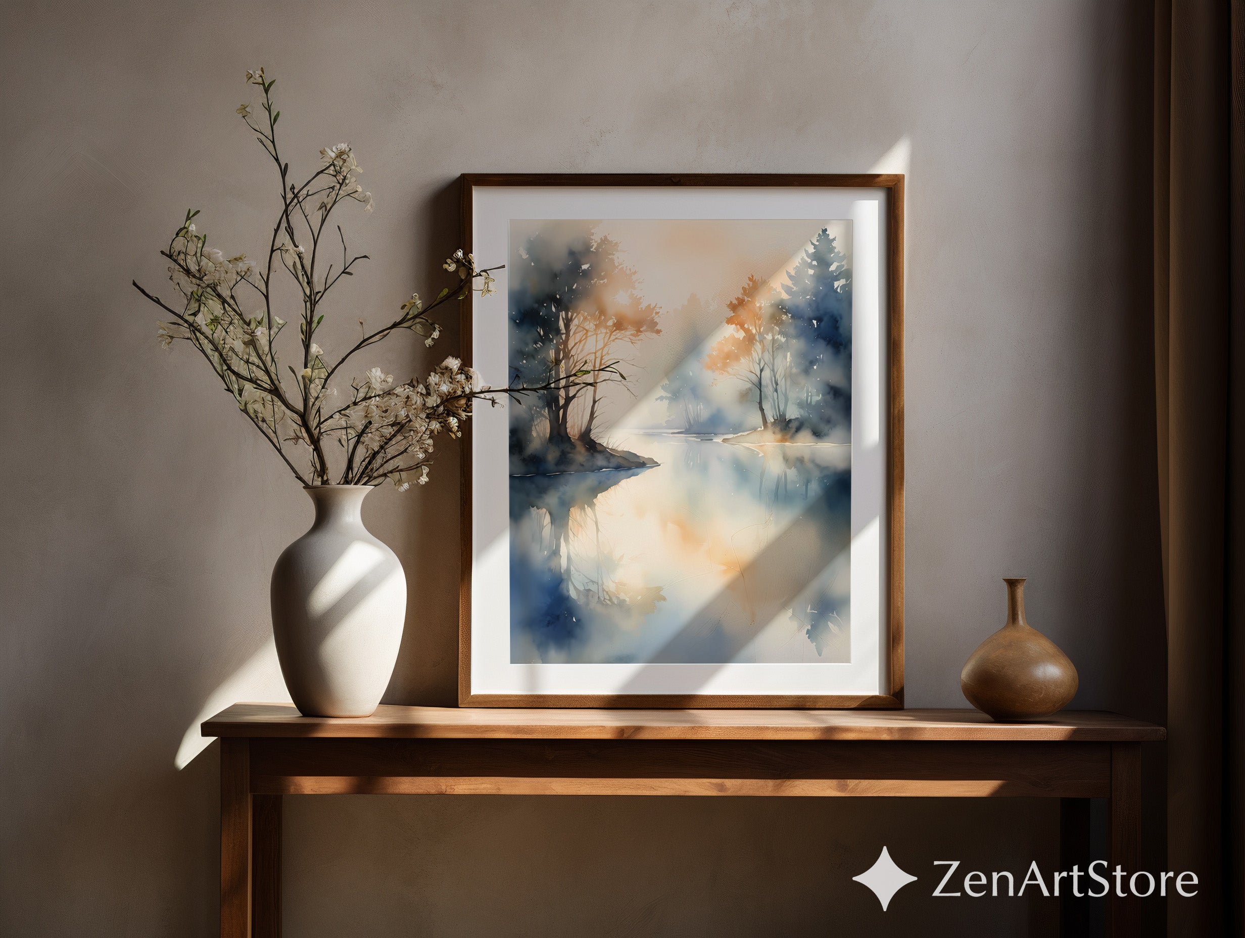 Misty Lake Watercolor Print Calm Minimalist Landscape Wall Art for Living Room Bedroom Japandi Scandinavian Decor