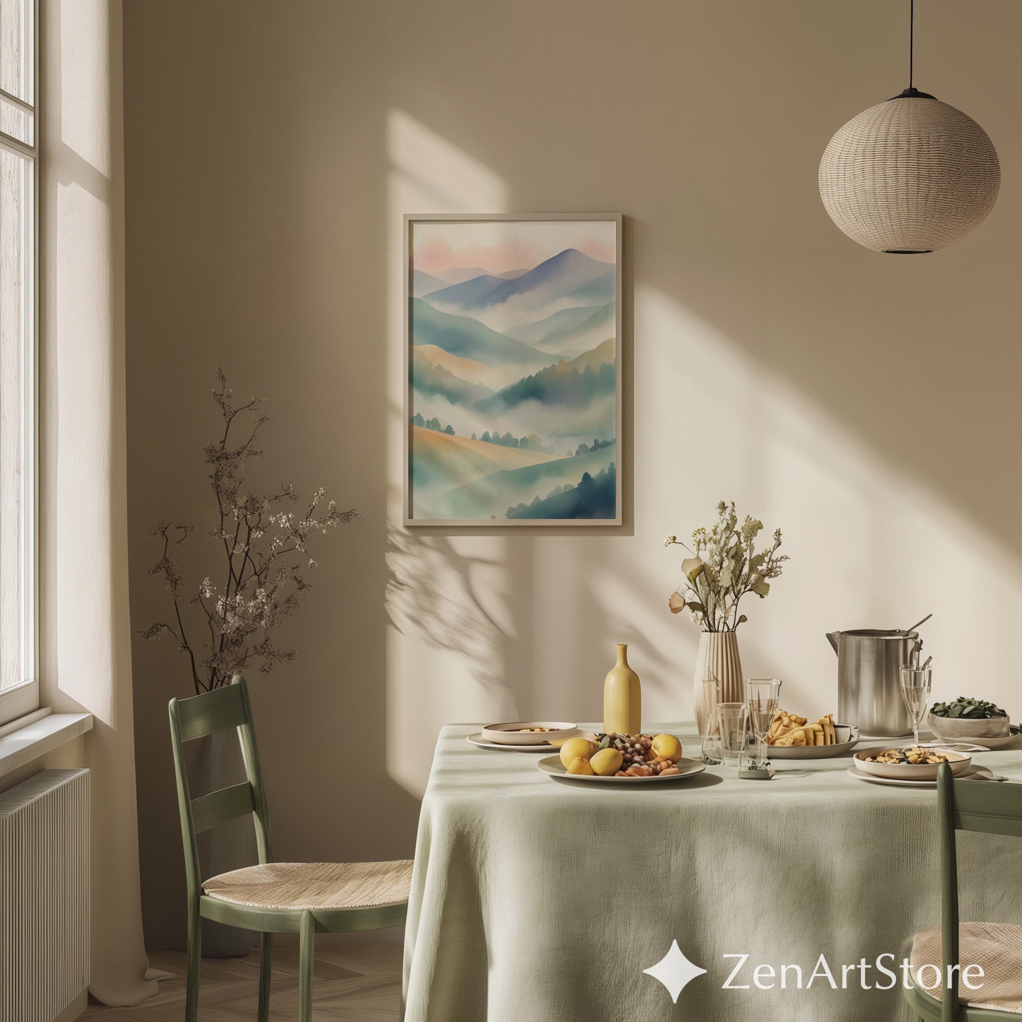 Misty Mountain Pastel Wall Art | Japandi Zen Landscape Print for Calm Minimal Home Decor