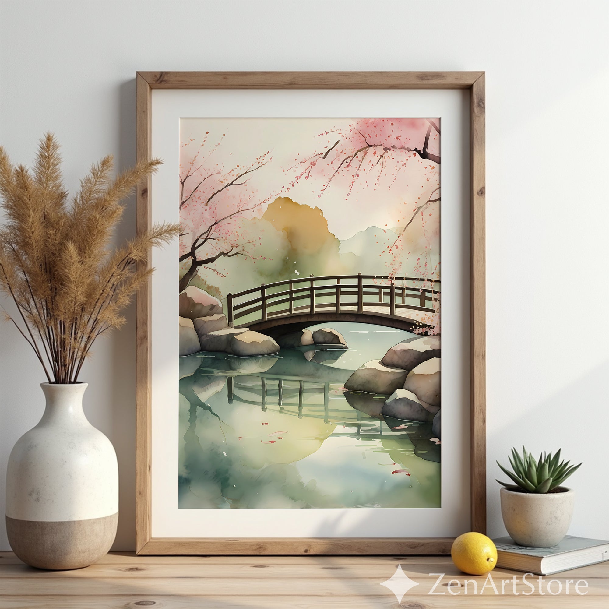 Serene Japanese Bridge Watercolor Print - Cherry Blossom Wall Art, Zen Japandi Minimal Landscape for Neutral Home Decor