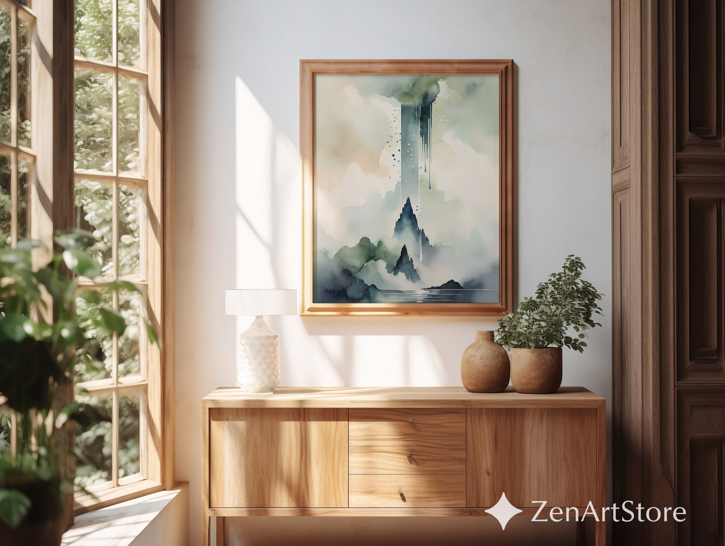 Misty Mountain Watercolor Print - Zen Japandi Neutral Landscape Wall Art, Minimal Abstract Mountain Poster for Modern Home Decor