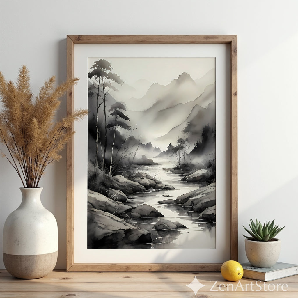 Ink-Wash Mountain River Print - Zen Minimal Monochrome Landscape Wall Art for Japandi, Scandinavian & Wabi-Sabi Decor