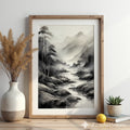 Ink-Wash Mountain River Print - Zen Minimal Monochrome Landscape Wall Art for Japandi, Scandinavian & Wabi-Sabi Decor