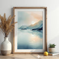 Minimalist Mountain Lake Sunrise Wall Art - Calming Japandi Landscape Print in Neutral Blue & Beige