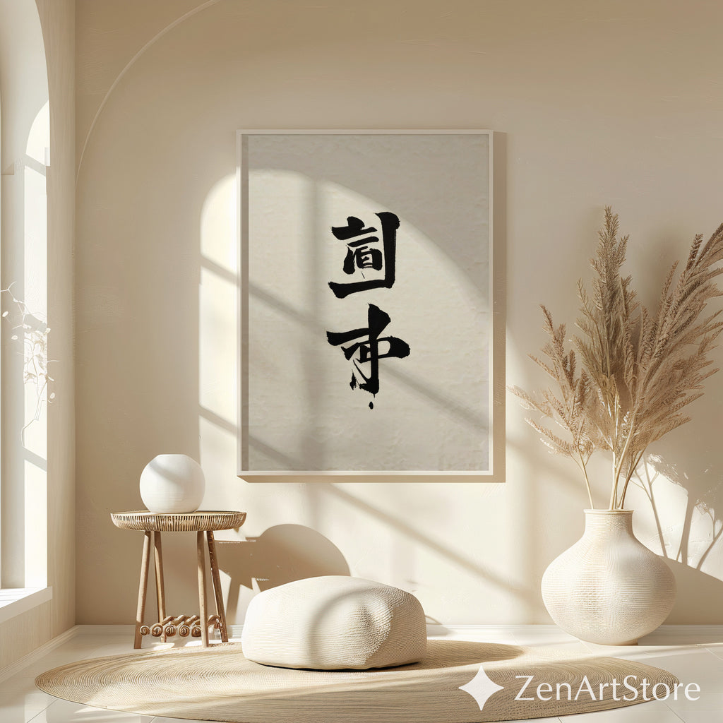 Minimal Japanese Calligraphy Wall Art Print | Zen Black Ink Kanji on Textured Beige Paper | Wabi-Sabi Japandi Neutral Home Decor