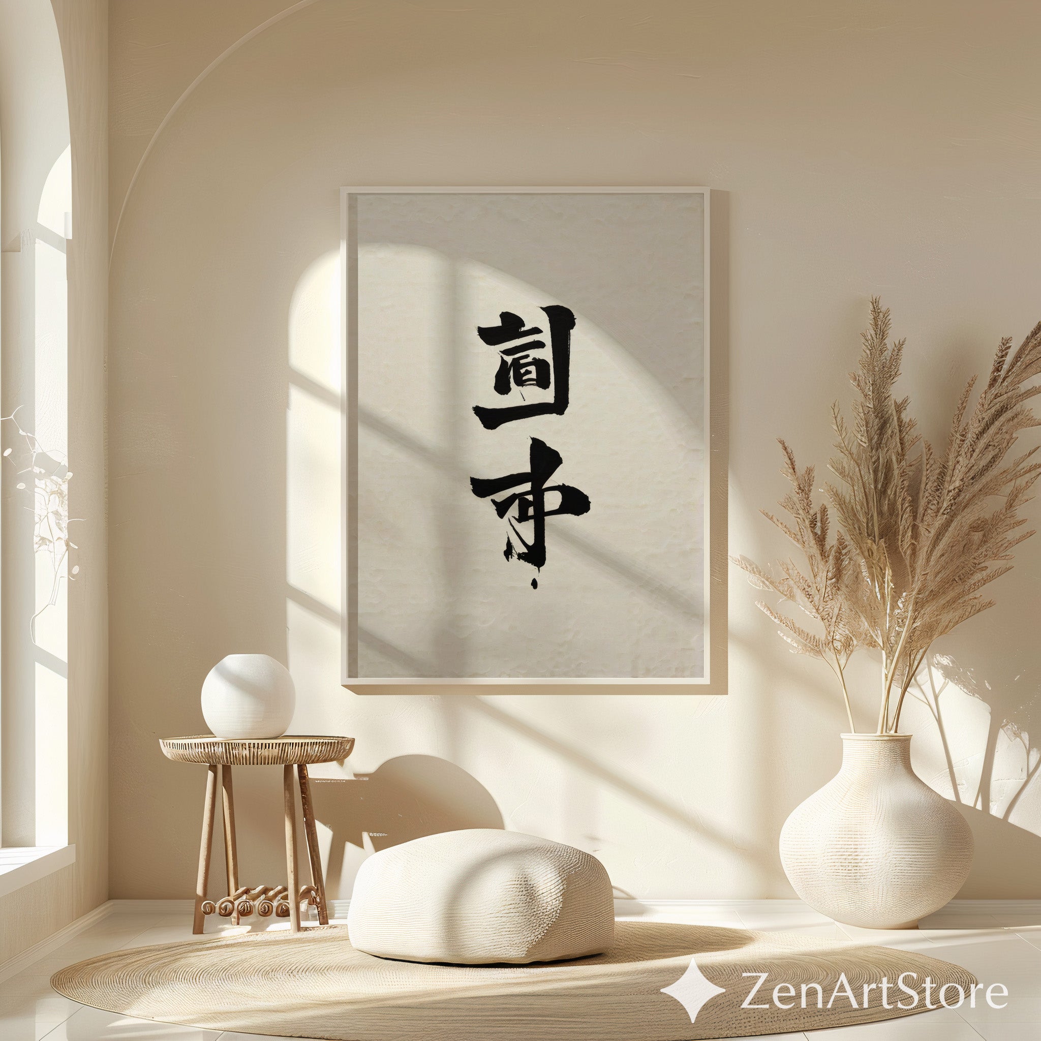 Minimal Japanese Calligraphy Wall Art Print | Zen Black Ink Kanji on Textured Beige Paper | Wabi-Sabi Japandi Neutral Home Decor