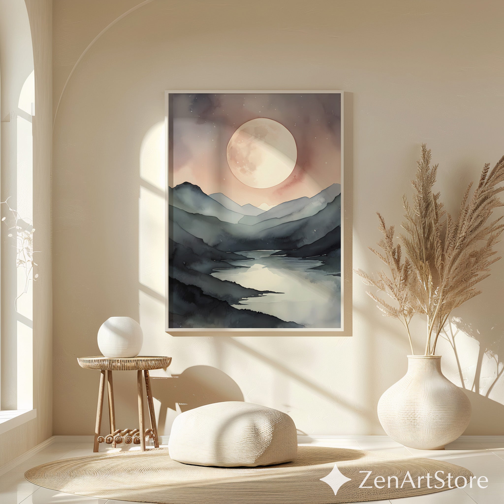 Serene Moonlit Mountain Lake Watercolor Print - Japandi Minimal Neutral Wall Art, Beige & Gray Landscape