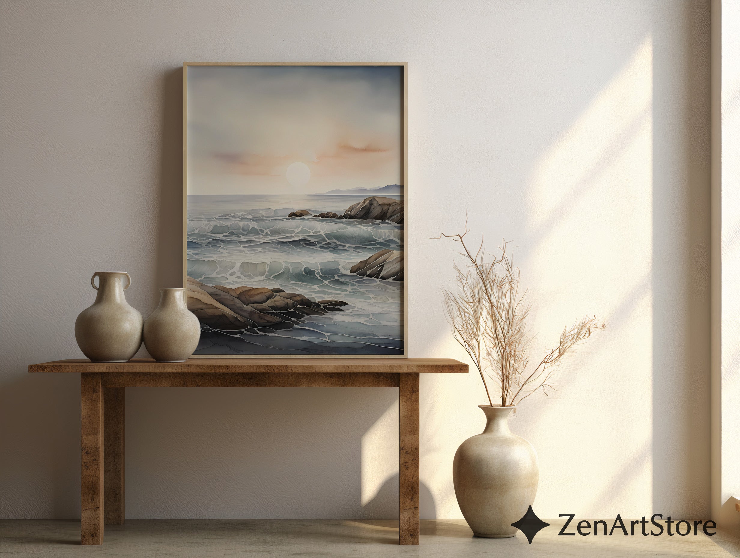 Minimal Coastal Seascape Print - Serene Ocean Waves & Rocky Shore | Neutral Beige Blue Japandi Wall Art for Calm Home Decor