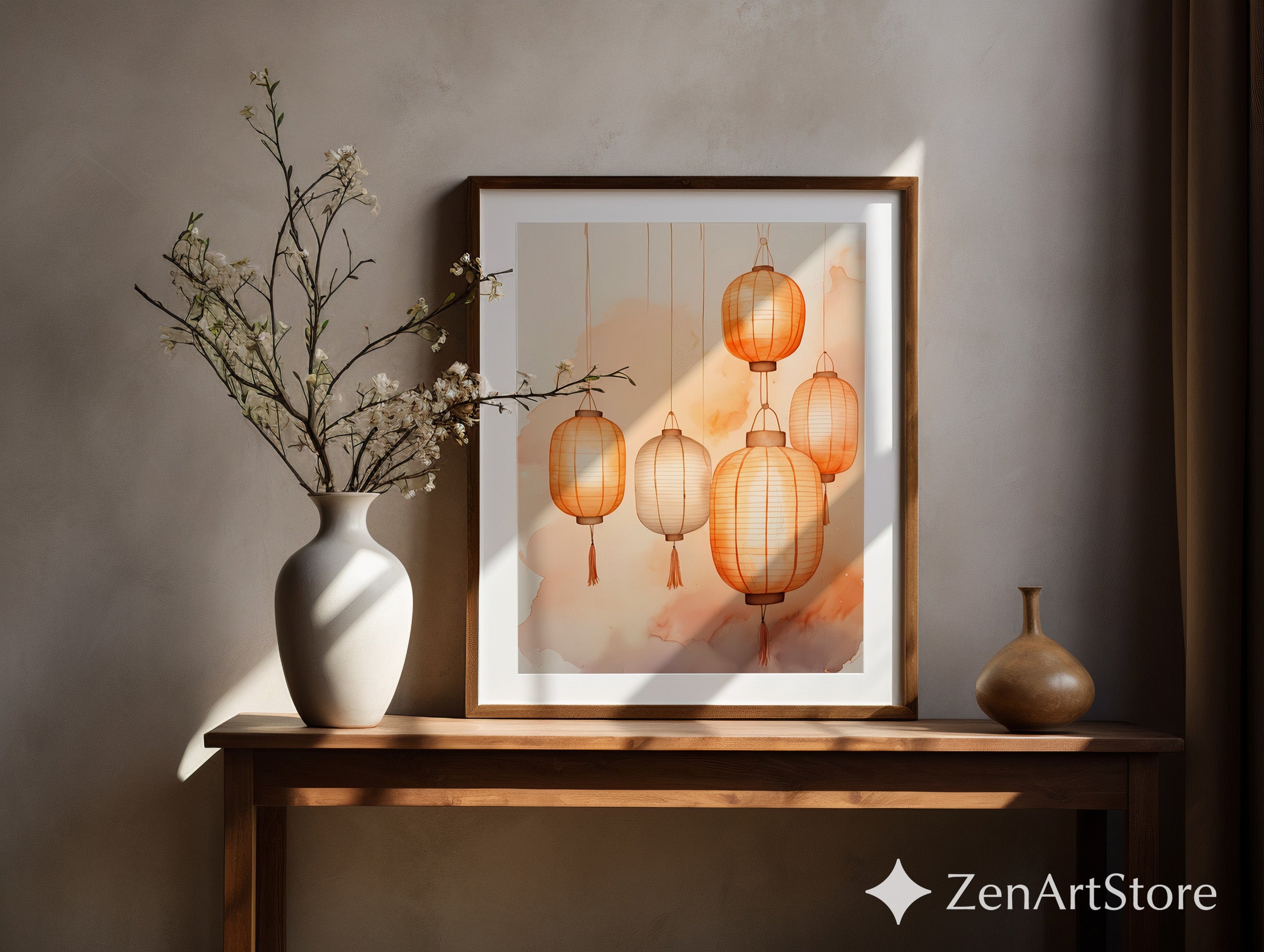 Orange Paper Lantern Wall Art - Minimal Watercolor Lantern Print, Japandi Zen Beige Home Decor