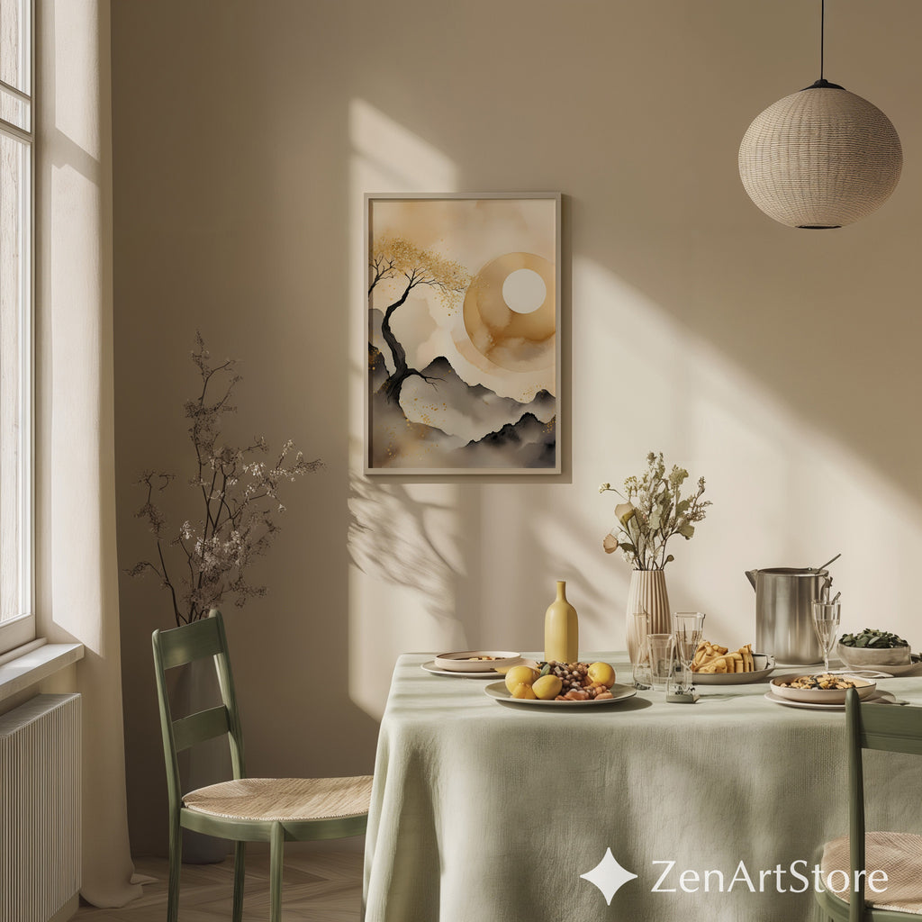 Golden Moon Zen Landscape - Minimal Japanese Abstract Printable Wall Art