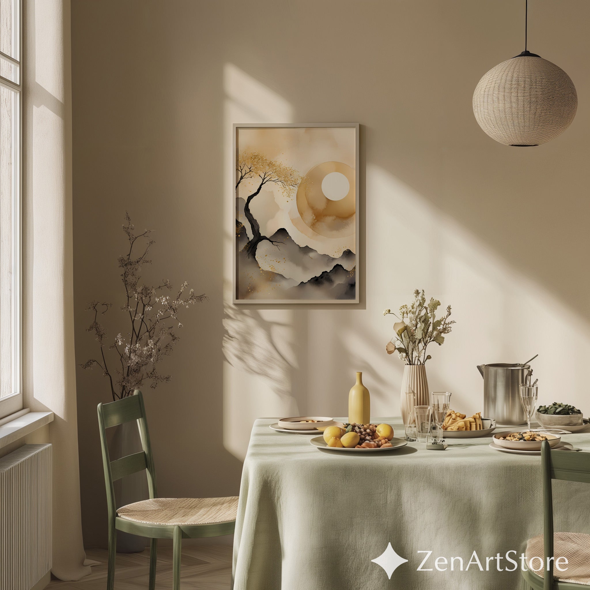 Golden Moon Zen Landscape - Minimal Japanese Abstract Printable Wall Art