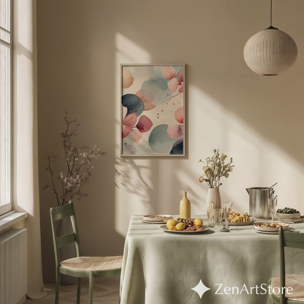 Zen Minimal Japanese Abstract Printable Wall Art - Soft Pink & Teal Watercolor Eucalyptus