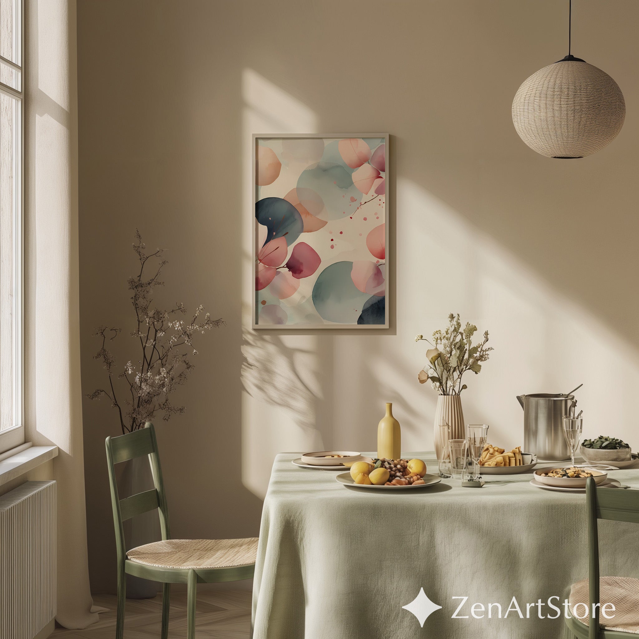 Zen Minimal Japanese Abstract Printable Wall Art - Soft Pink & Teal Watercolor Eucalyptus