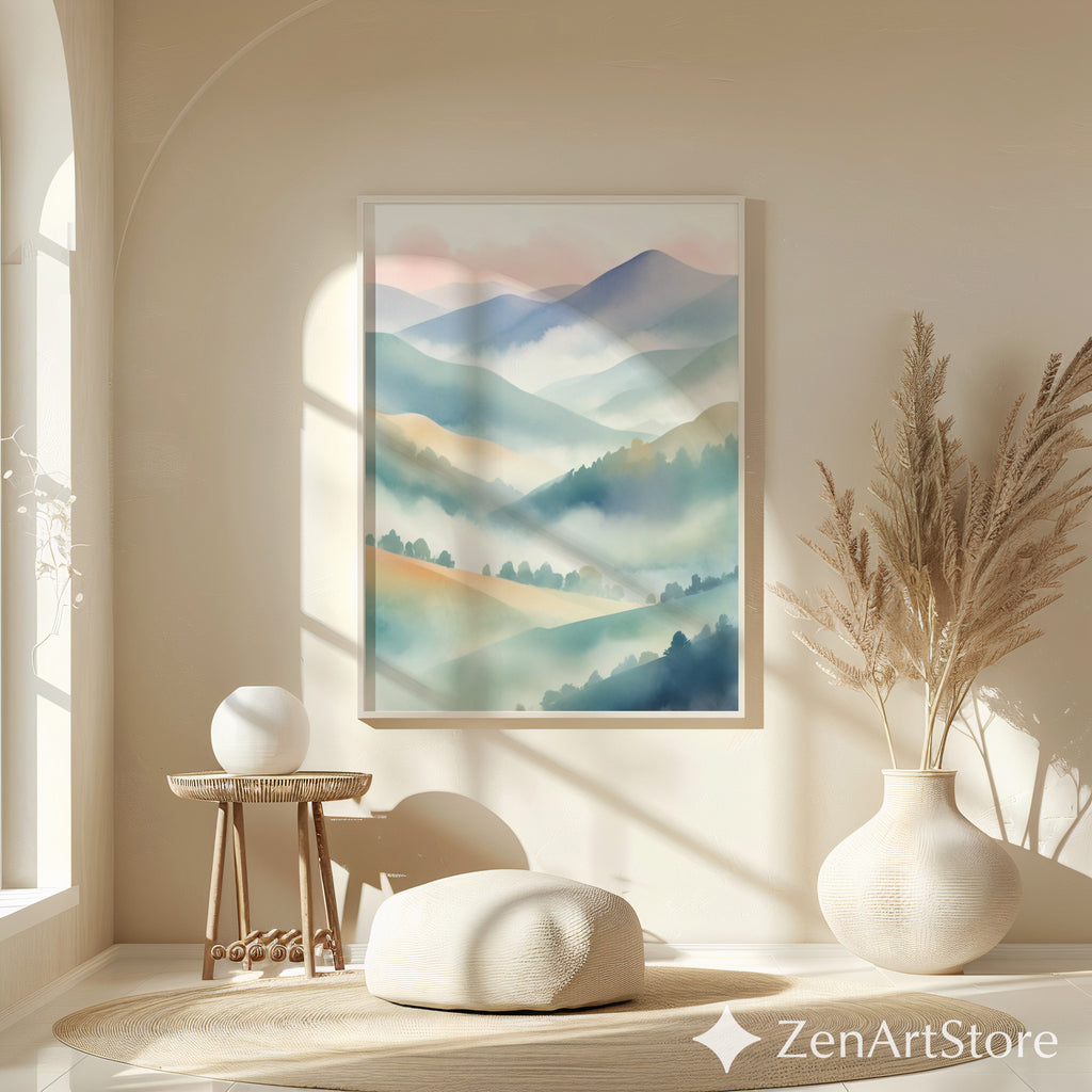 Misty Mountain Pastel Wall Art | Japandi Zen Landscape Print for Calm Minimal Home Decor