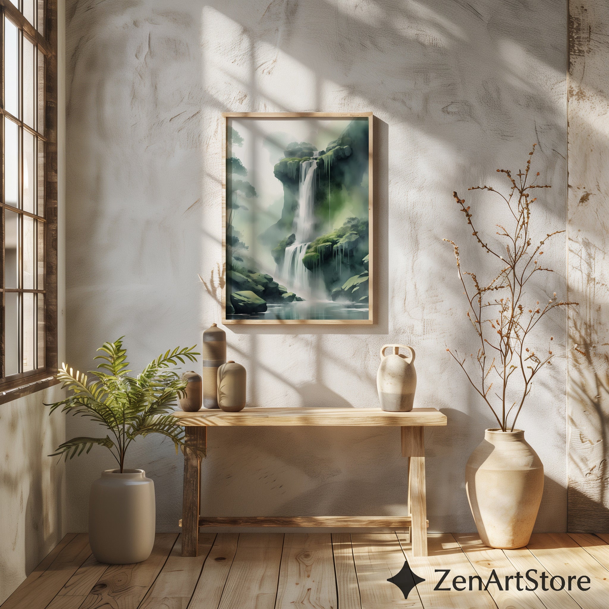 Misty Waterfall Wall Art Print – Zen Green Landscape for Living Room, Japandi Minimalist Nature Canvas