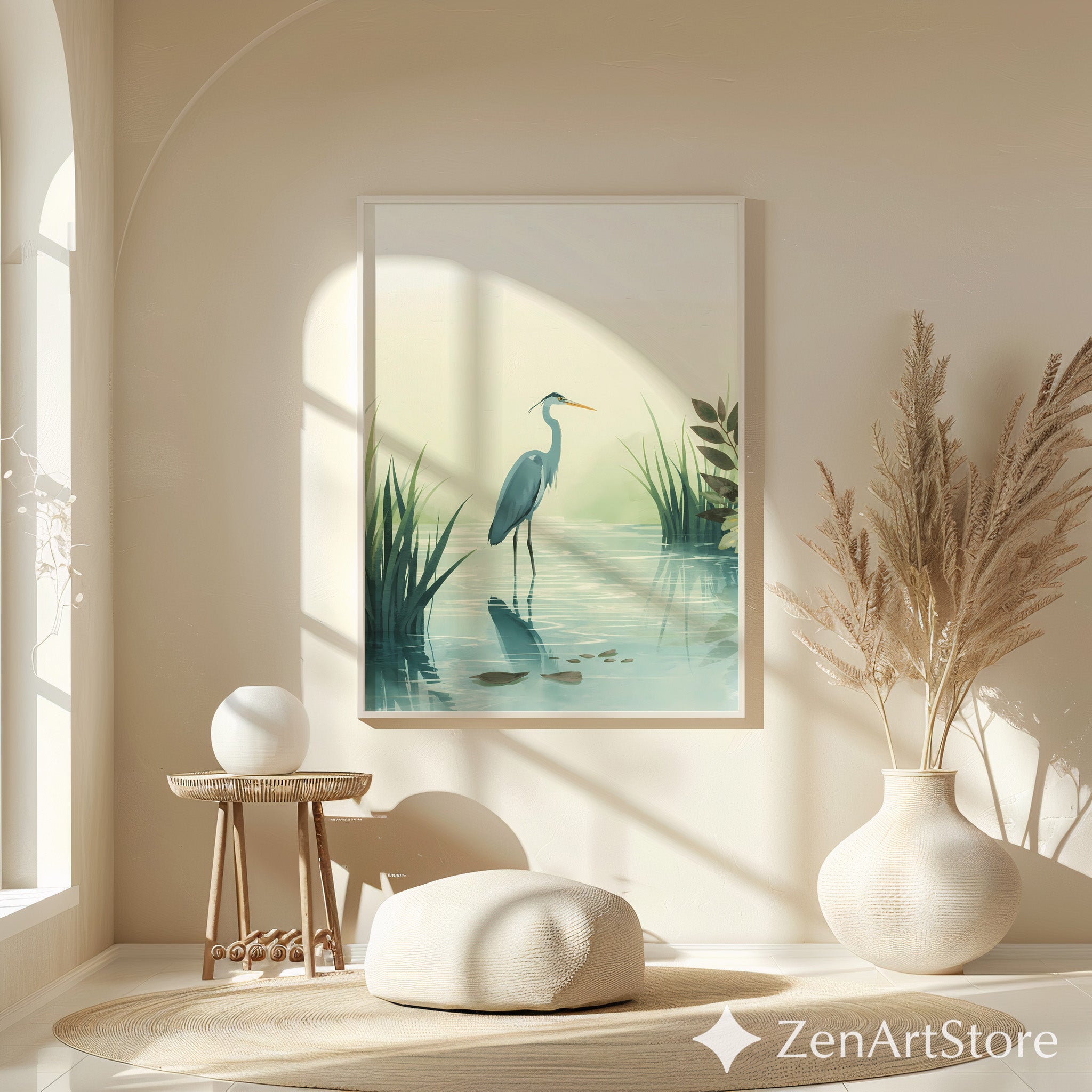Calm Heron Wetland Wall Art - Minimal Botanical Bird Print for Japandi & Scandinavian Neutral Home Decor
