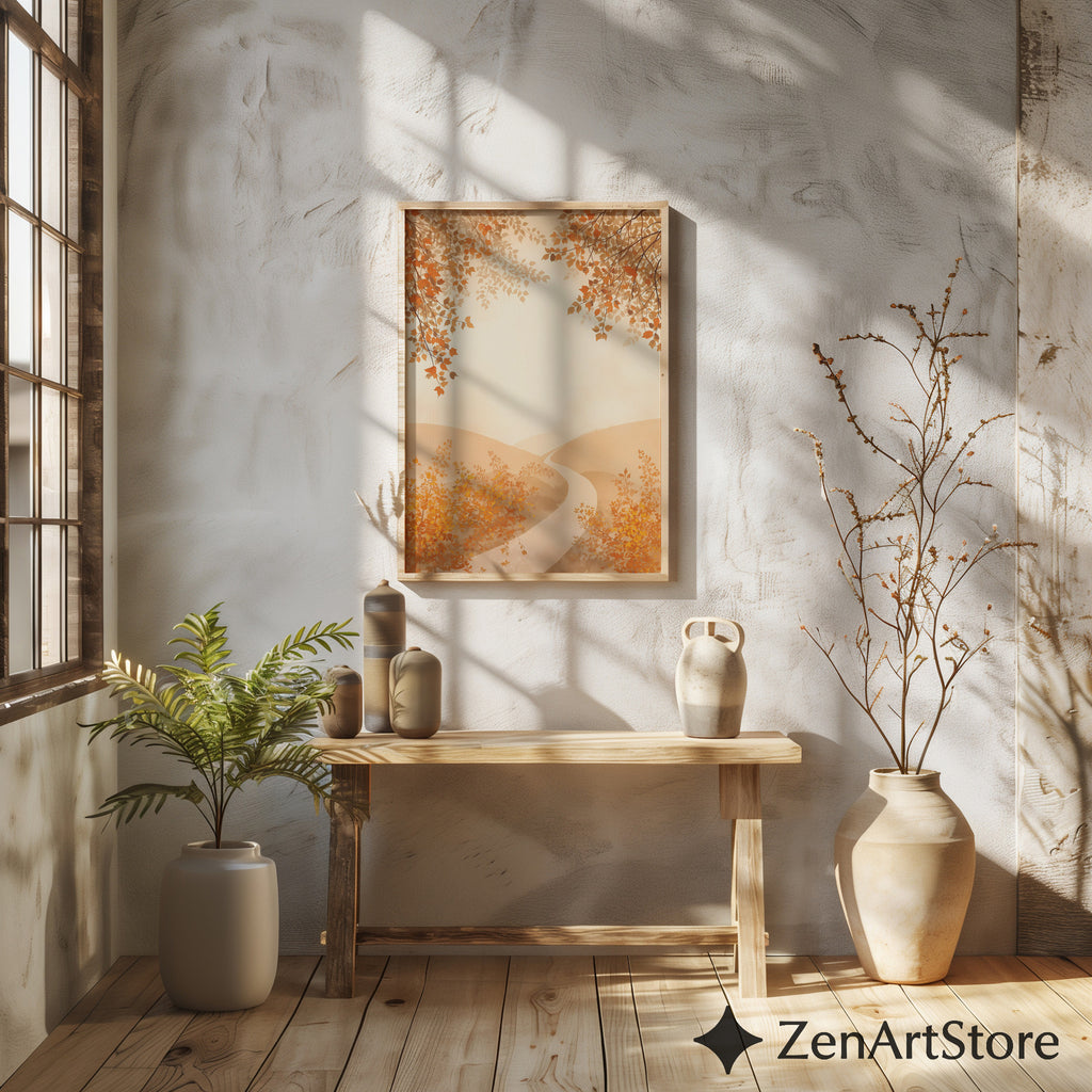 Autumn Pathway Neutral Wall Art - Minimal Beige Landscape Print for Japandi & Scandinavian Home Decor