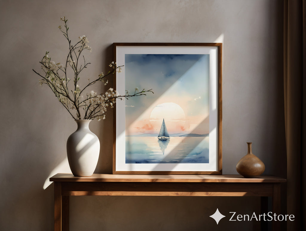 Calm Sailboat Watercolor Print - Serene Sunset Nautical Wall Art for Coastal Home