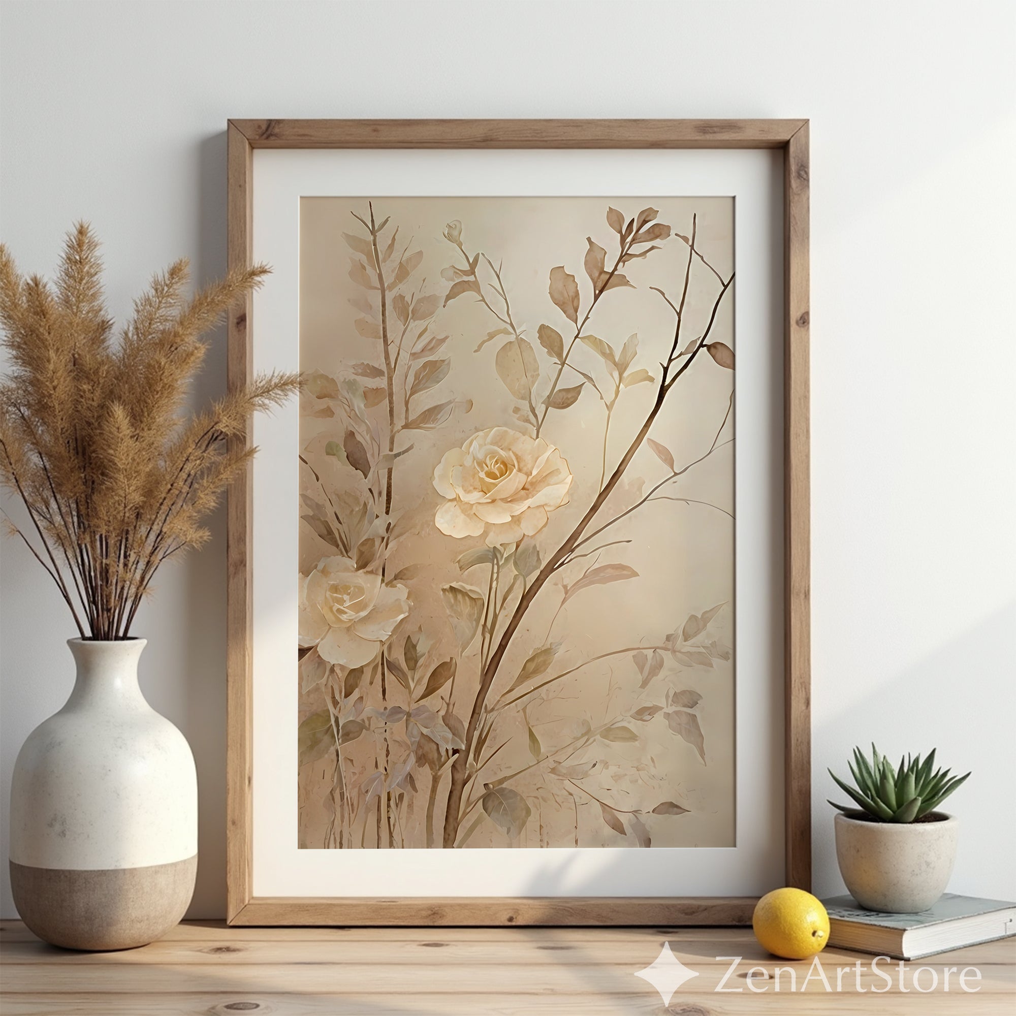 Neutral Botanical Rose Wall Art - Beige Minimalist Floral Print for Living Room, Bedroom, Japandi Wabi Sabi Home Decor