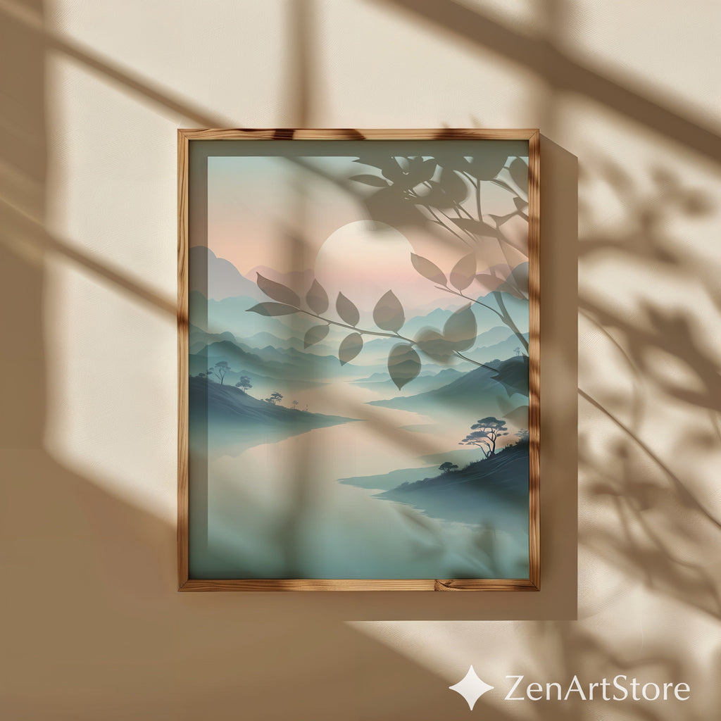 Misty Mountain Sunrise Wall Art - Minimal Zen Landscape Print, Japandi Pastel Sun Poster for Living Room