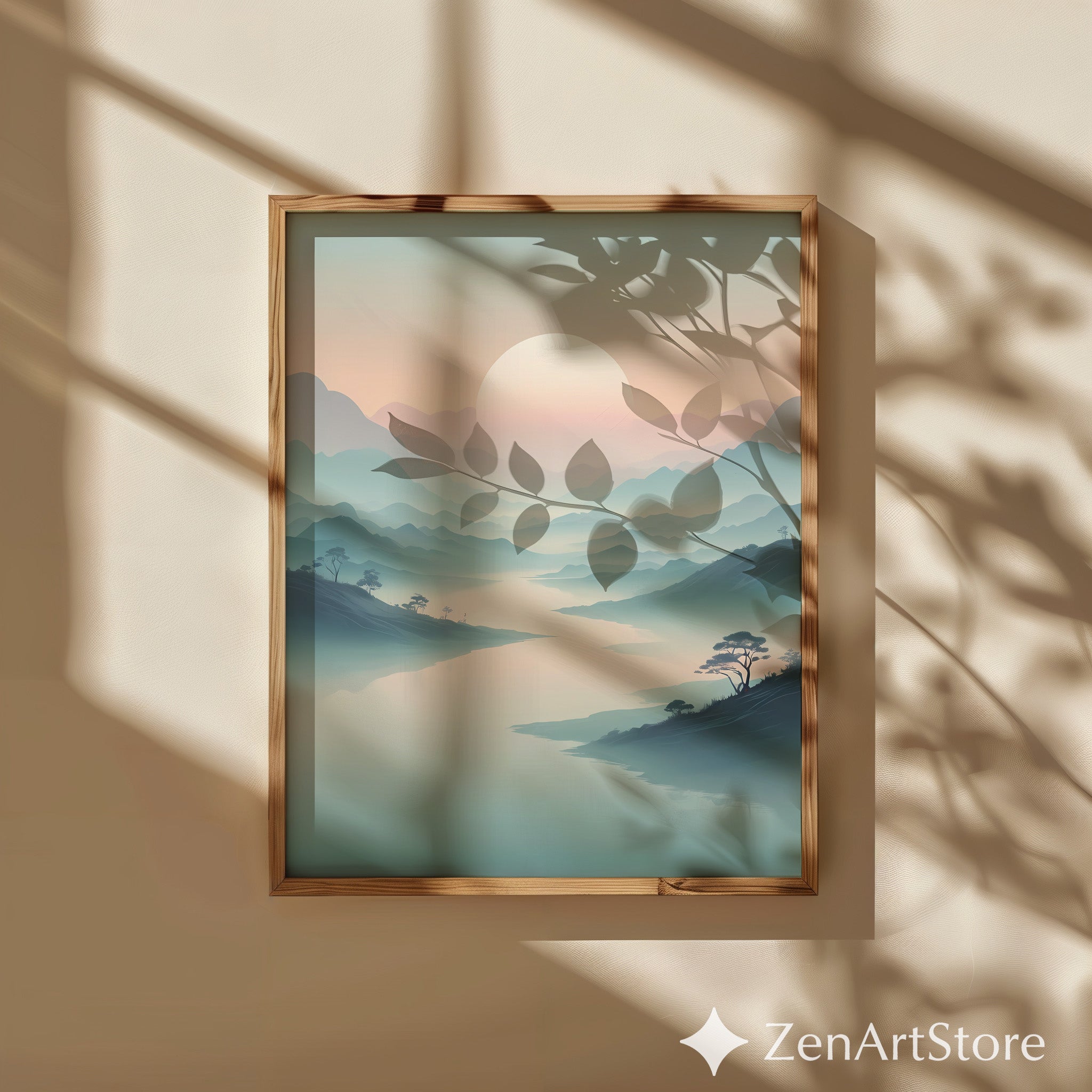Misty Mountain Sunrise Wall Art - Minimal Zen Landscape Print, Japandi Pastel Sun Poster for Living Room