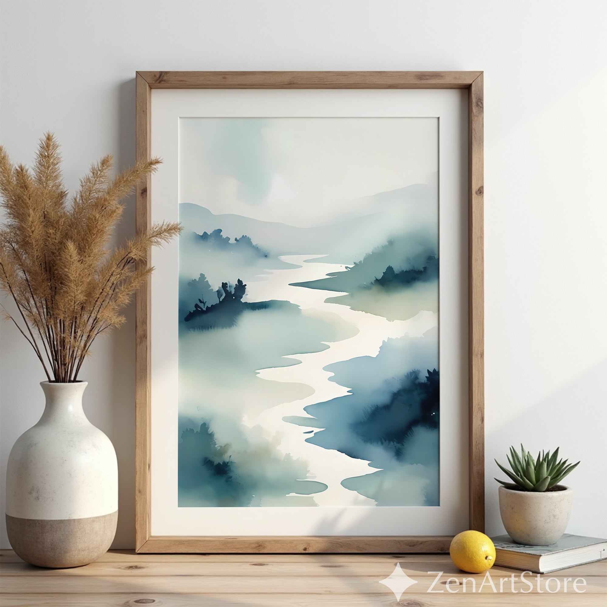 Misty River Watercolor Print - Minimal Japandi Landscape Art, Neutral Blue Zen Wall Decor for Living Room & Bedroom