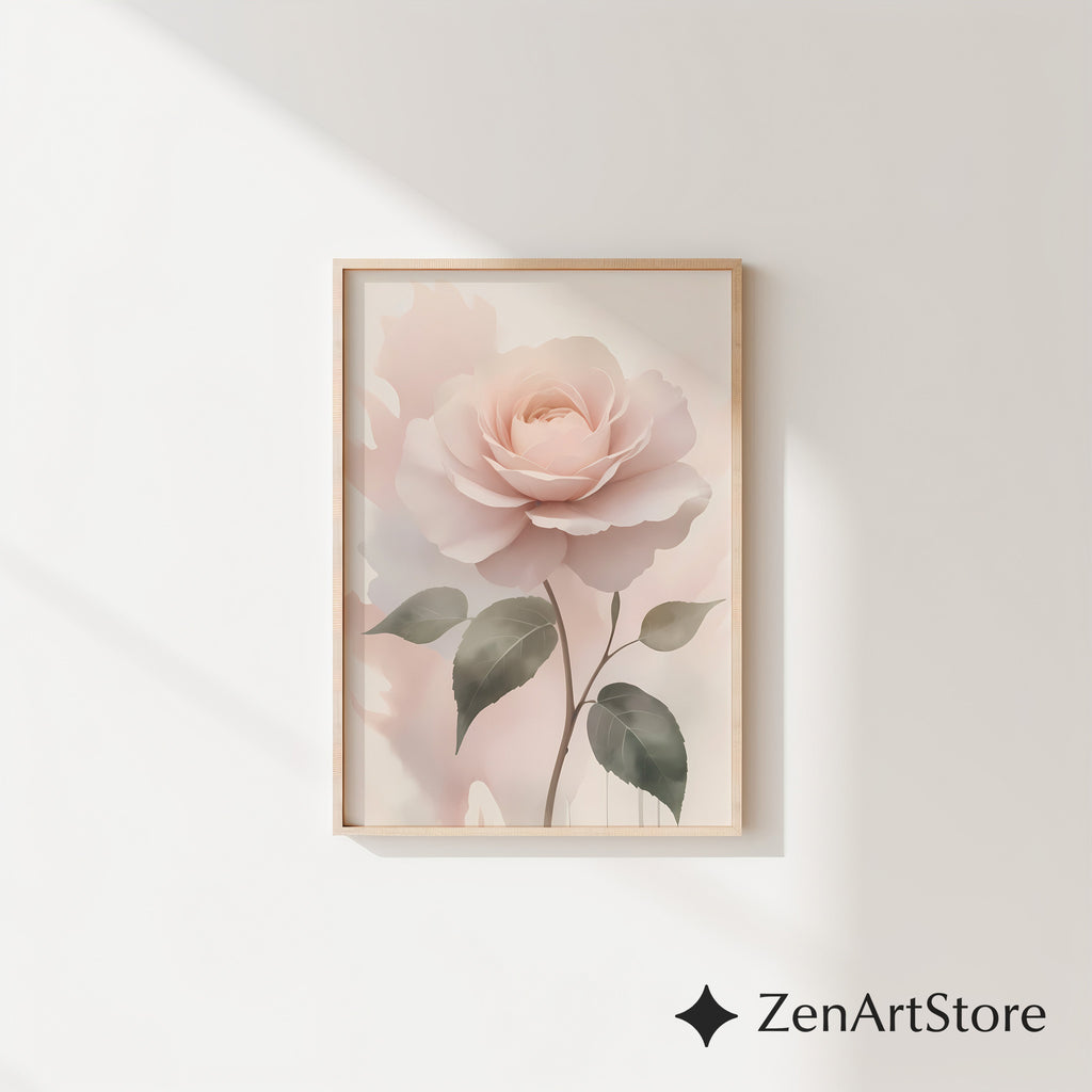 Blush Rose Wall Art Print - Soft Pastel Botanical Rose, Minimal Floral Nursery & Bedroom Decor, Neutral Modern Printable