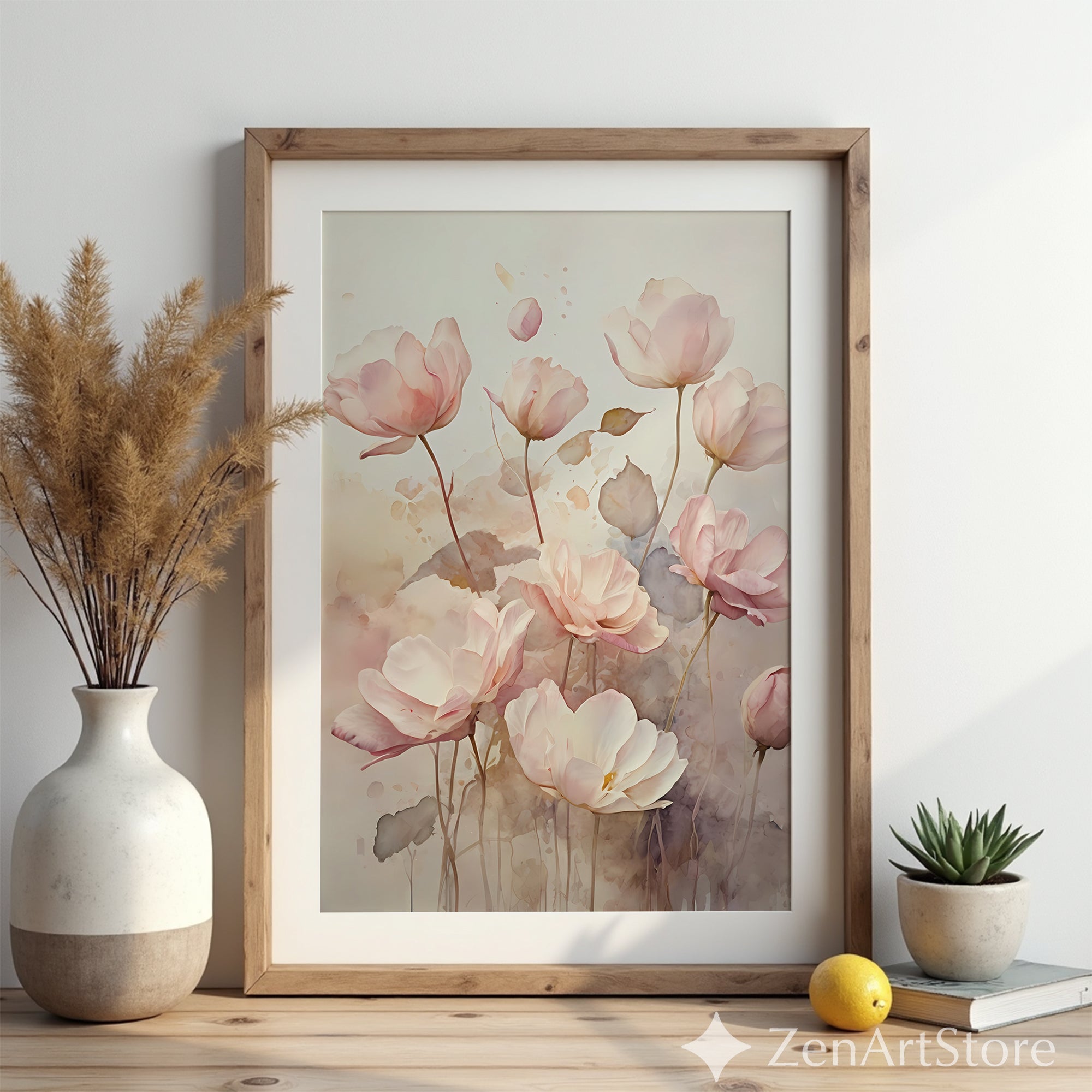 Blush Pink Floral Wall Art Print - Soft Watercolor Flowers Neutral Botanical Decor for Bedroom Living Room, Modern Japandi Minimal