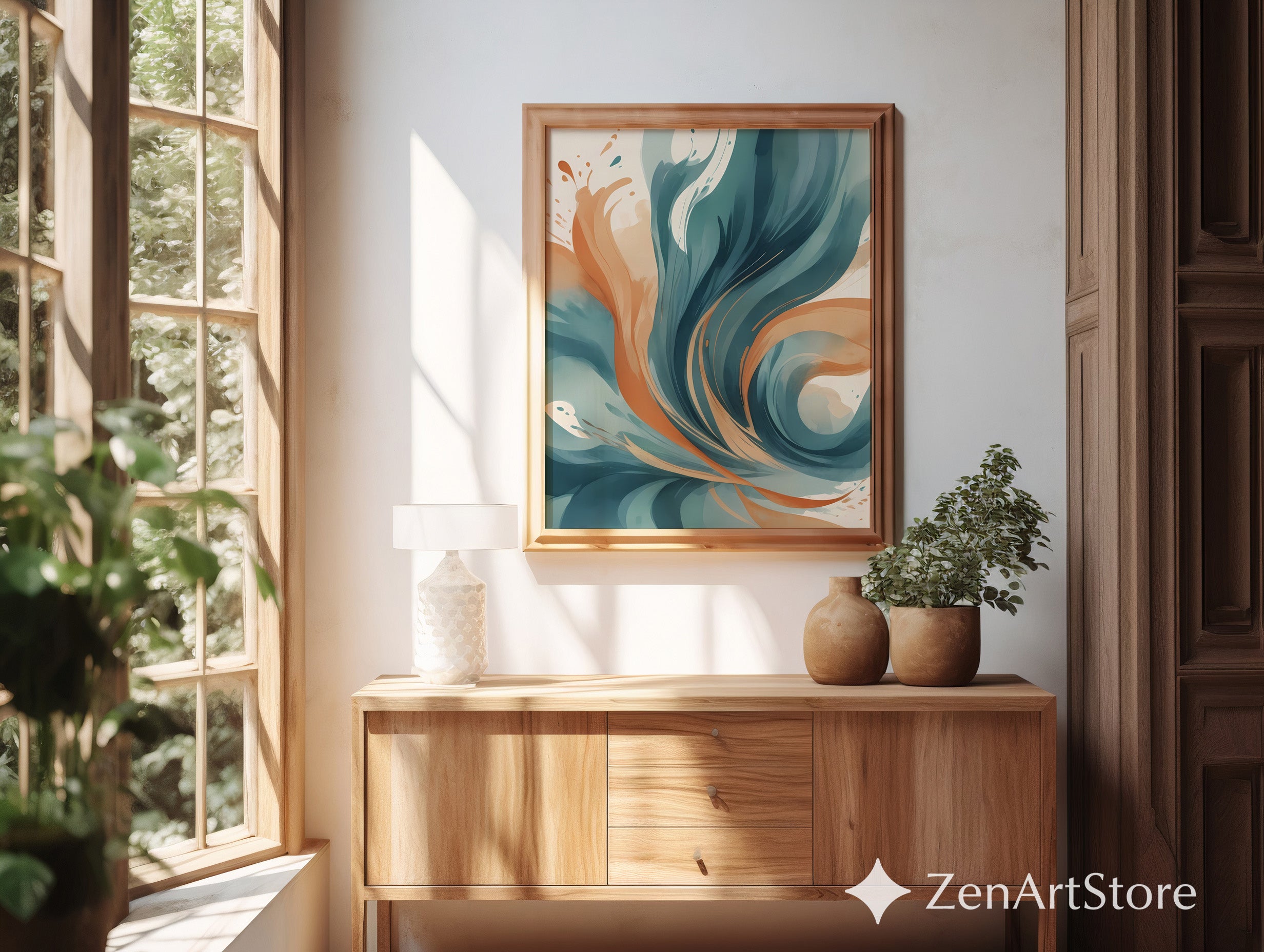 Abstract Teal & Terracotta Wall Art - Modern Minimalist Printable Canvas, Calm Japandi Living Room Decor