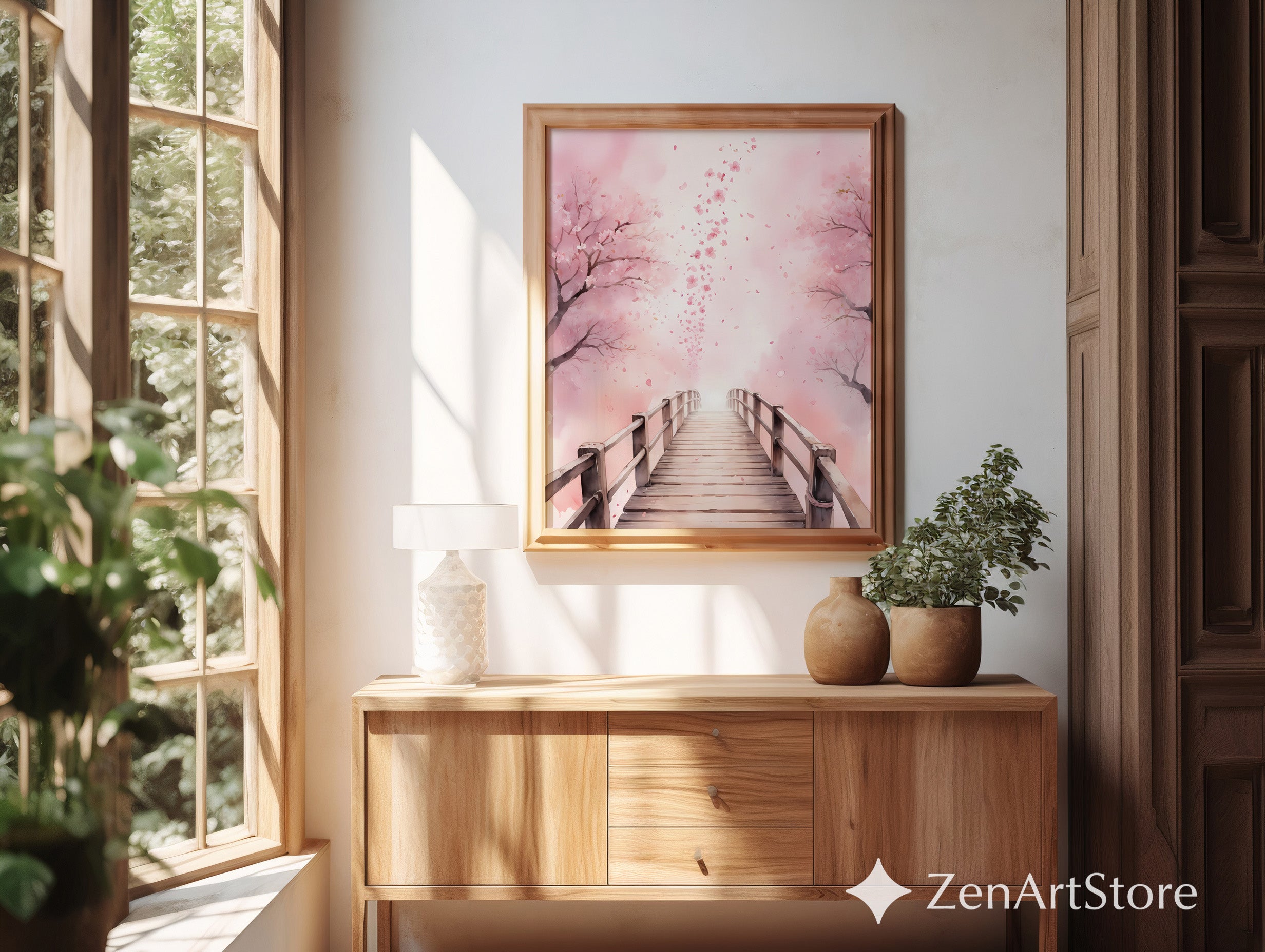 Cherry Blossom Bridge Wall Art - Pink Sakura Canvas Print & Printable, Japandi Minimalist Home Decor