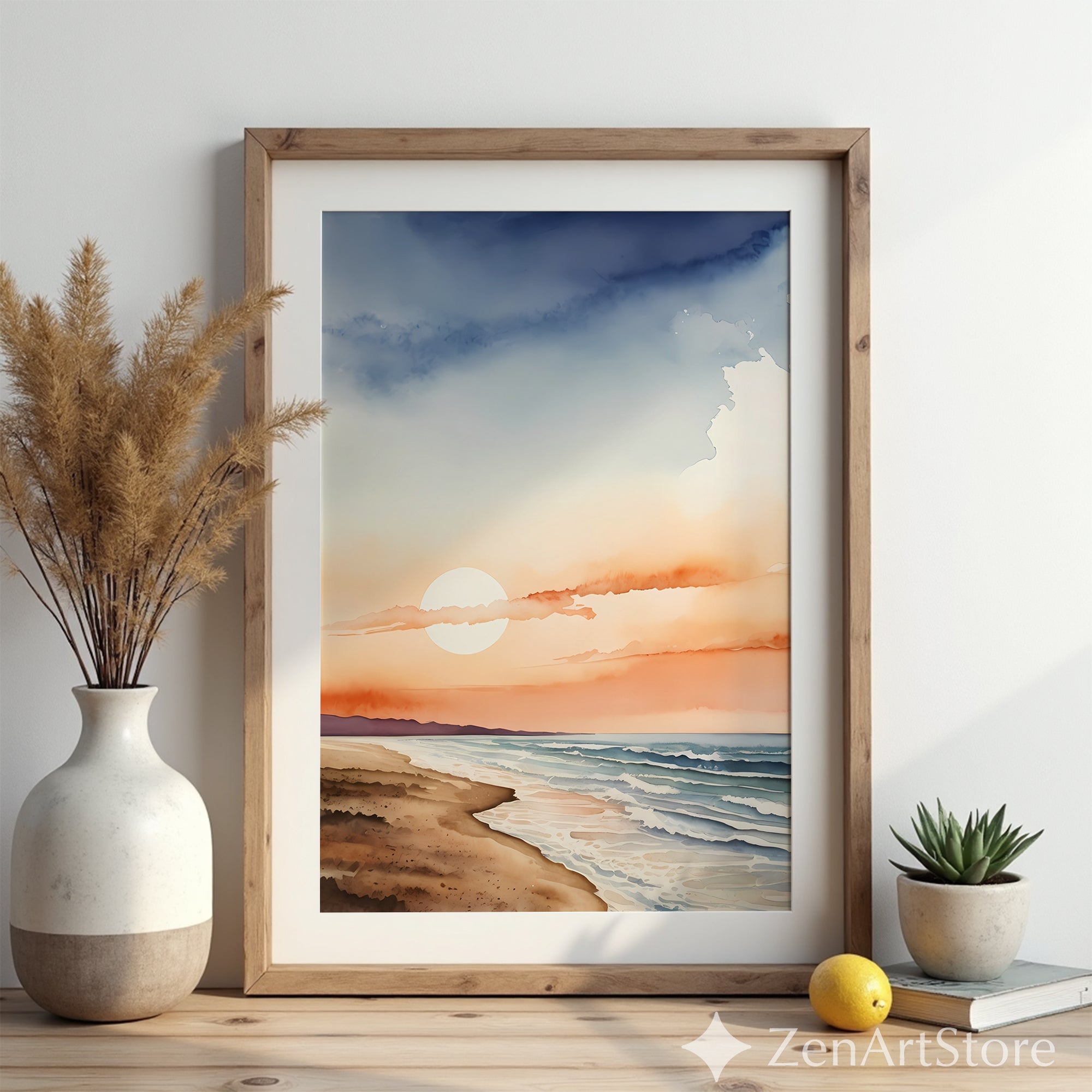 Sunset Beach Watercolor Print - Minimal Coastal Wall Art, Japandi Zen Seascape for Living Room, Neutral Modern Home Decor
