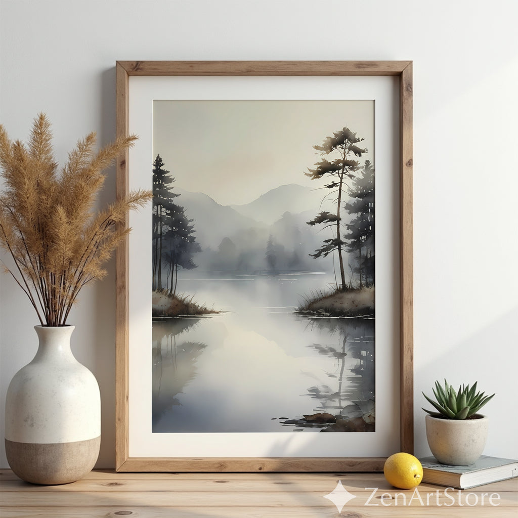 Misty Lake Minimalist Wall Art - Neutral Japandi Landscape Print, Calm Scandinavian Zen Decor for Living Room, Bedroom & Office