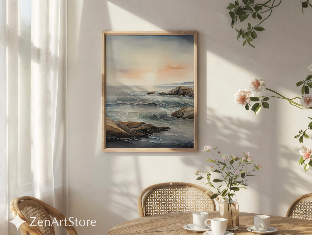 Minimal Coastal Seascape Print - Serene Ocean Waves & Rocky Shore | Neutral Beige Blue Japandi Wall Art for Calm Home Decor