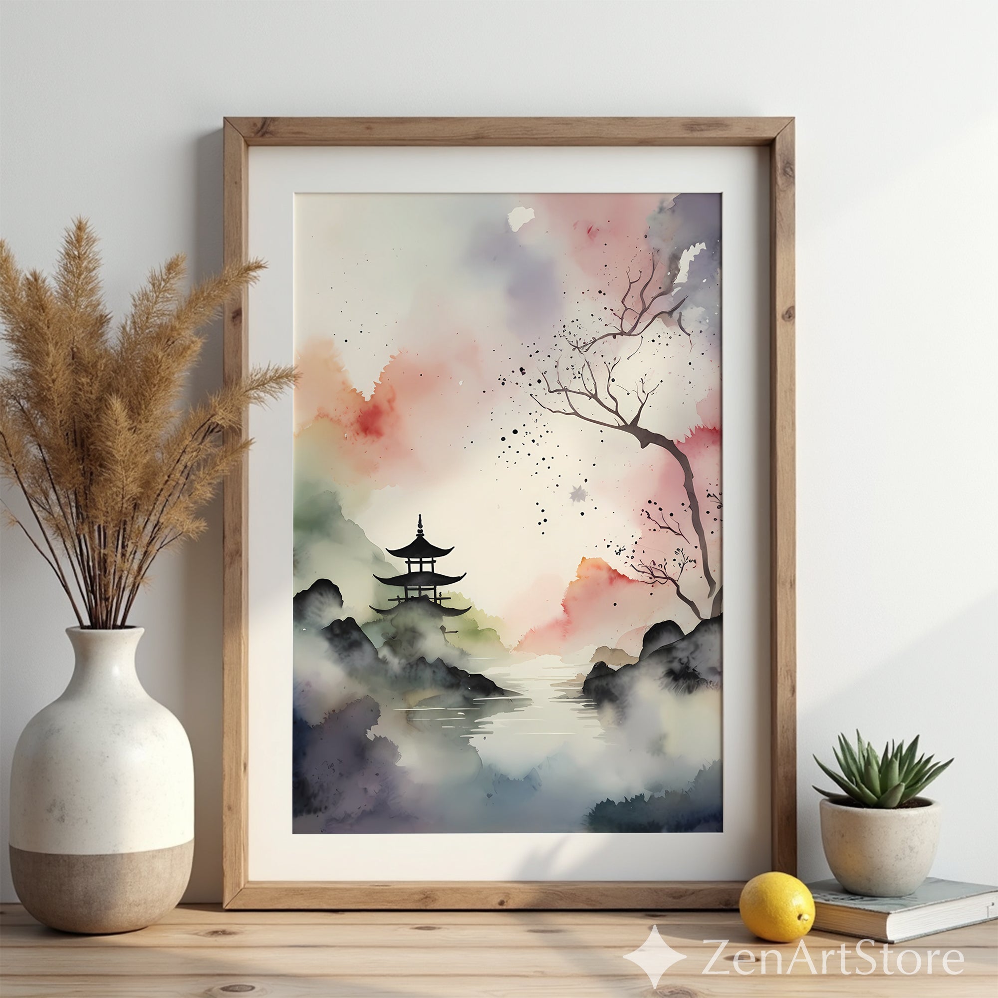 Japanese Watercolor Pagoda Print - Zen Mist Landscape Wall Art, Minimal Japandi Neutral Home Decor
