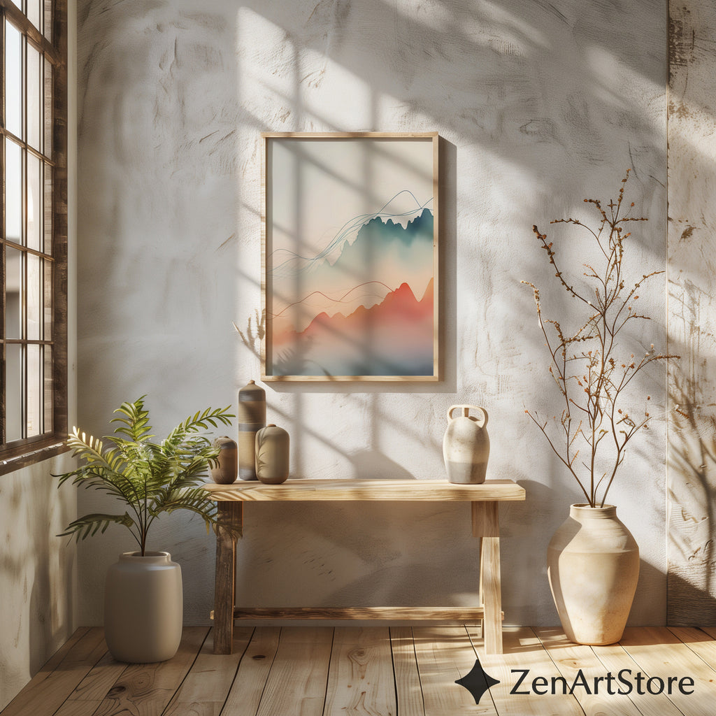 Minimal Abstract Mountain Landscape Wall Art, Japandi Neutral Pastel Line Art Print for Living Room & Bedroom