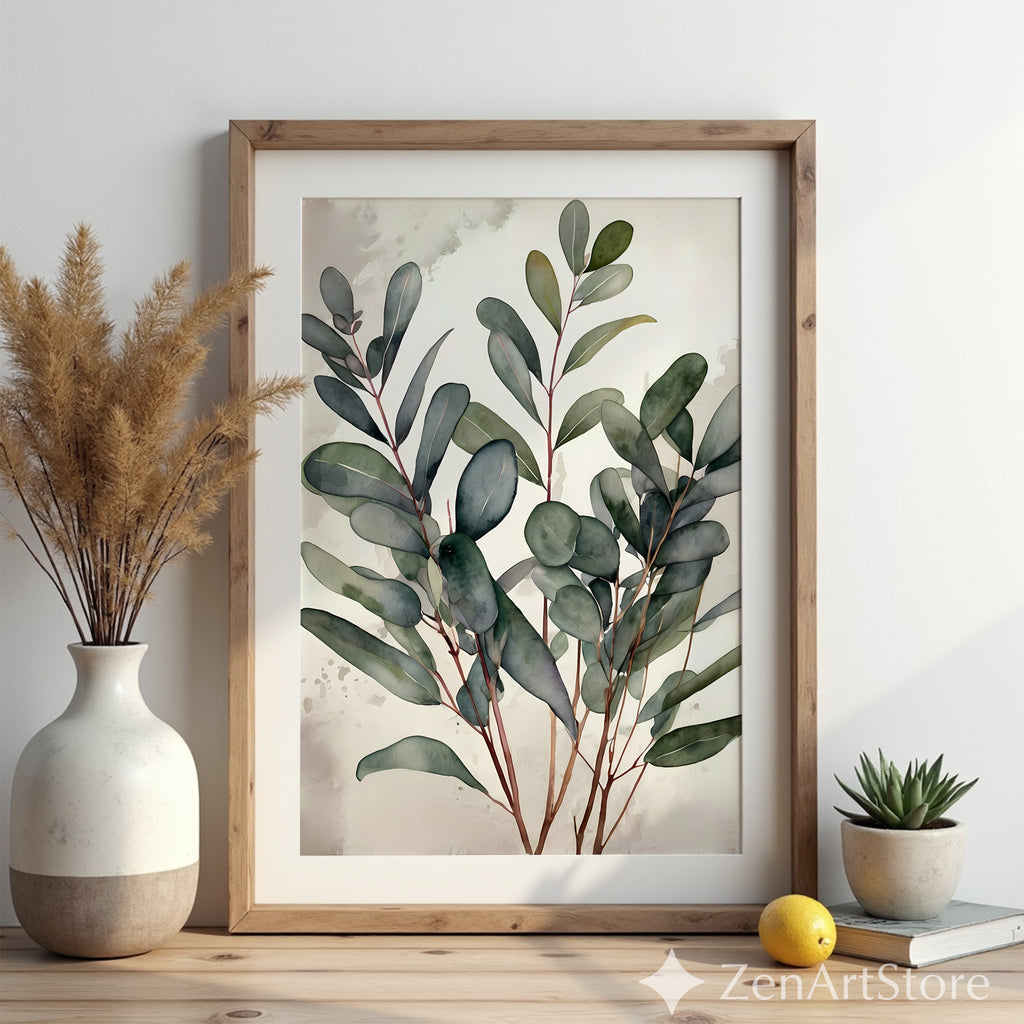 Minimal Eucalyptus Botanical Wall Art - Neutral Japandi Watercolor Print for Living Room Bedroom - Calm Scandinavian Plant Poster
