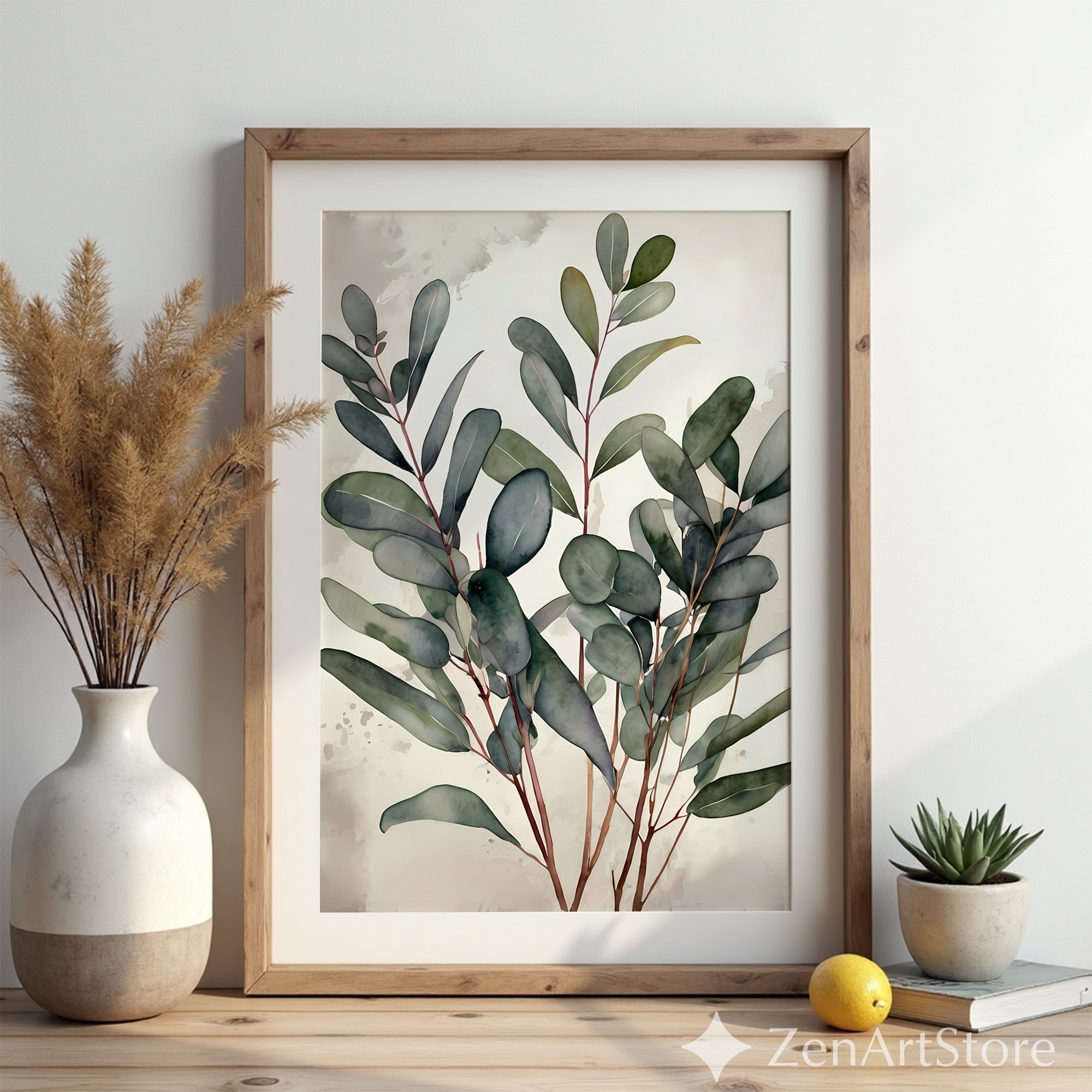 Minimal Eucalyptus Botanical Wall Art - Neutral Japandi Watercolor Print for Living Room Bedroom - Calm Scandinavian Plant Poster