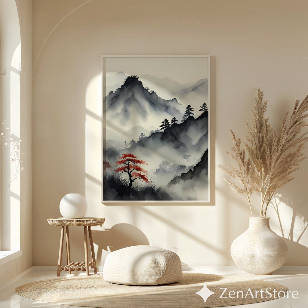 Misty Mountain Sumi-e Print with Red Maple – Zen Minimal Japandi Wall Art, Neutral Wabi-Sabi Landscape for Living Room