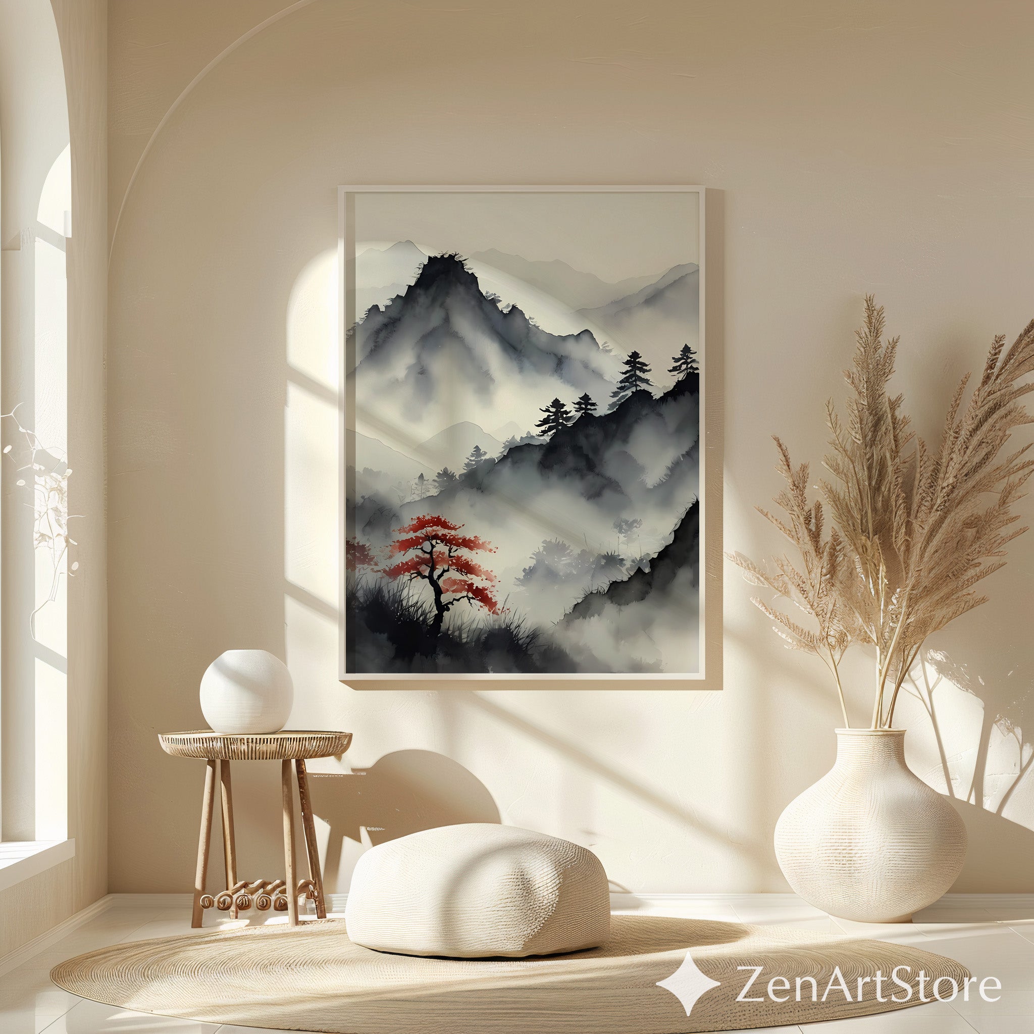 Misty Mountain Sumi-e Print with Red Maple – Zen Minimal Japandi Wall Art, Neutral Wabi-Sabi Landscape for Living Room