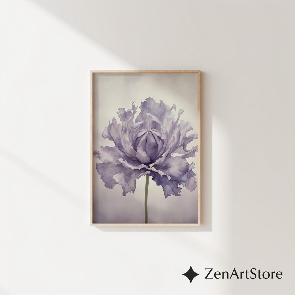 Lavender Peony Botanical Wall Art Print - Minimal Floral Fine Art for Scandinavian Japandi Wabi Sabi Home Decor