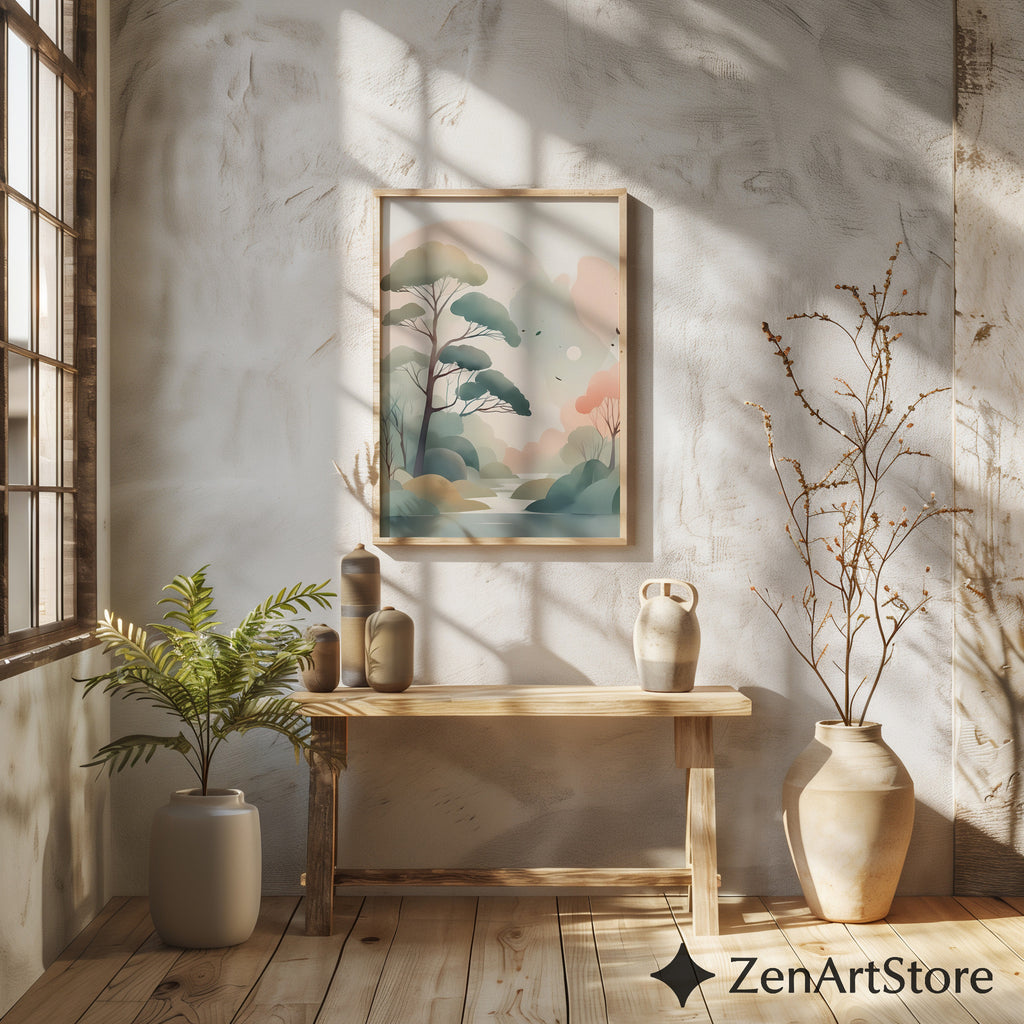 Serene Pastel Landscape Wall Art - Minimal Japandi Tree Print, Neutral Scandinavian Zen Botanical for Living Room & Bedroom