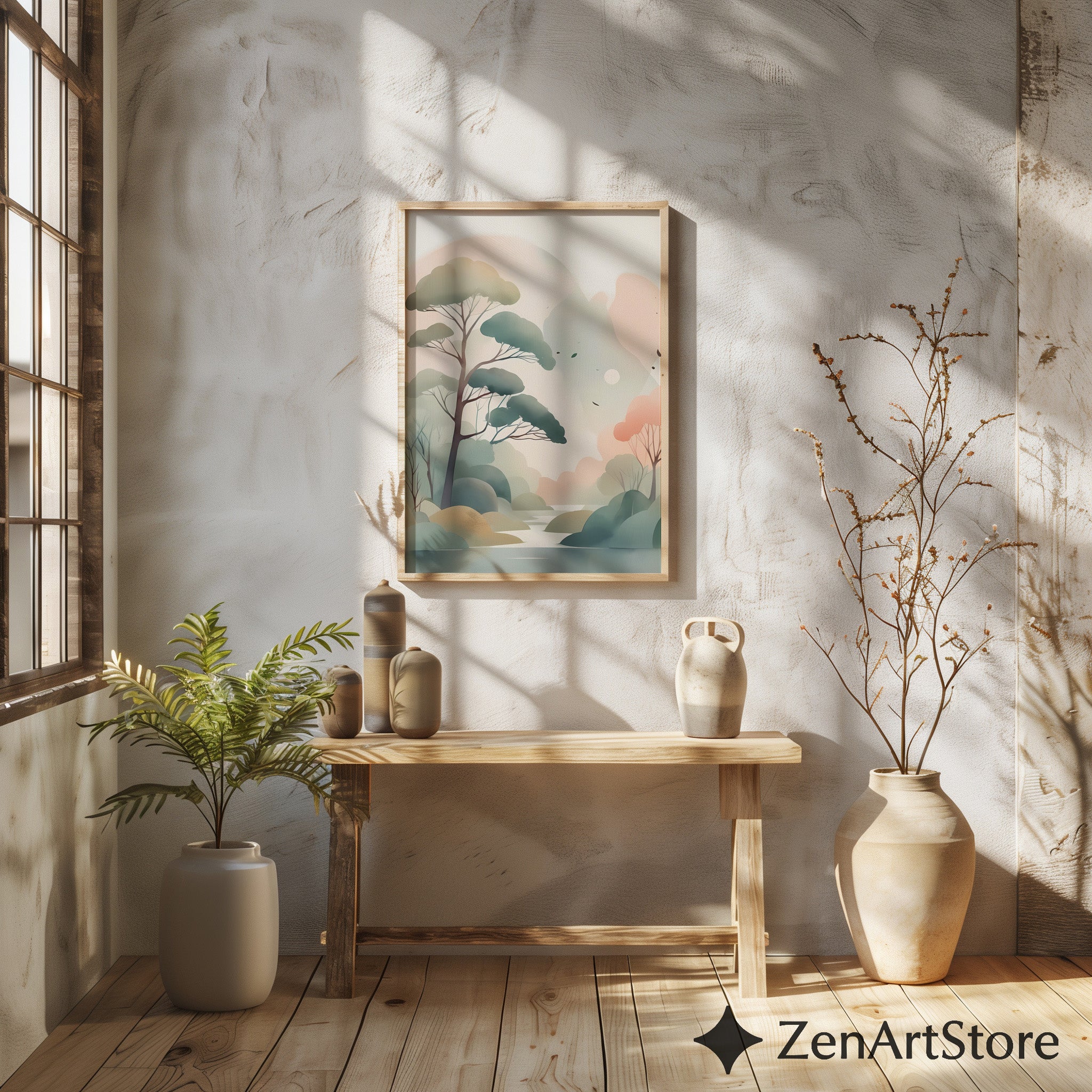 Serene Pastel Landscape Wall Art - Minimal Japandi Tree Print, Neutral Scandinavian Zen Botanical for Living Room & Bedroom